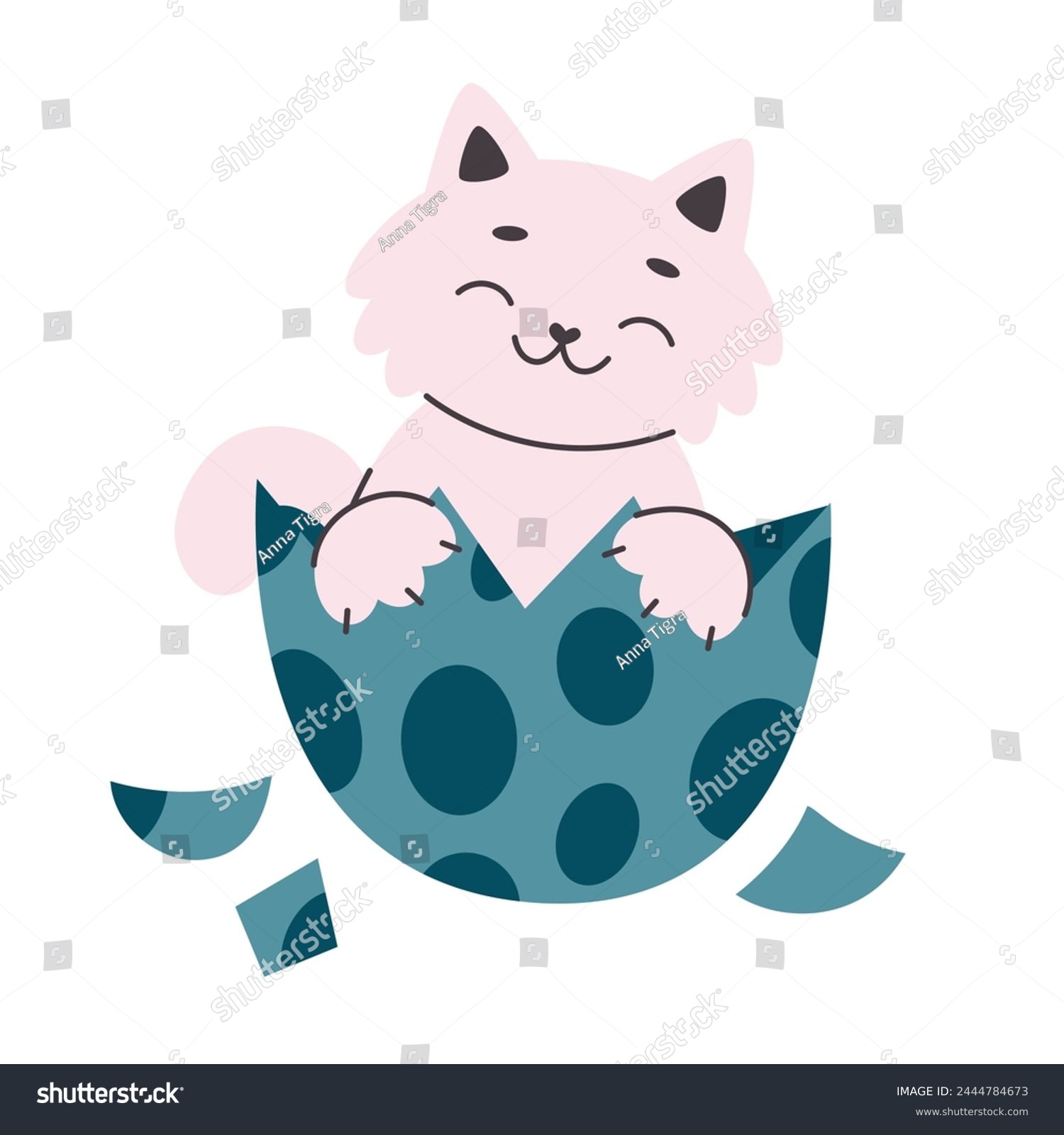 SVG of Cute smiling cat hatched from a dinosaur egg.Cat sitting in a broken egg.Print.Simple flat vector cartoon illustration svg
