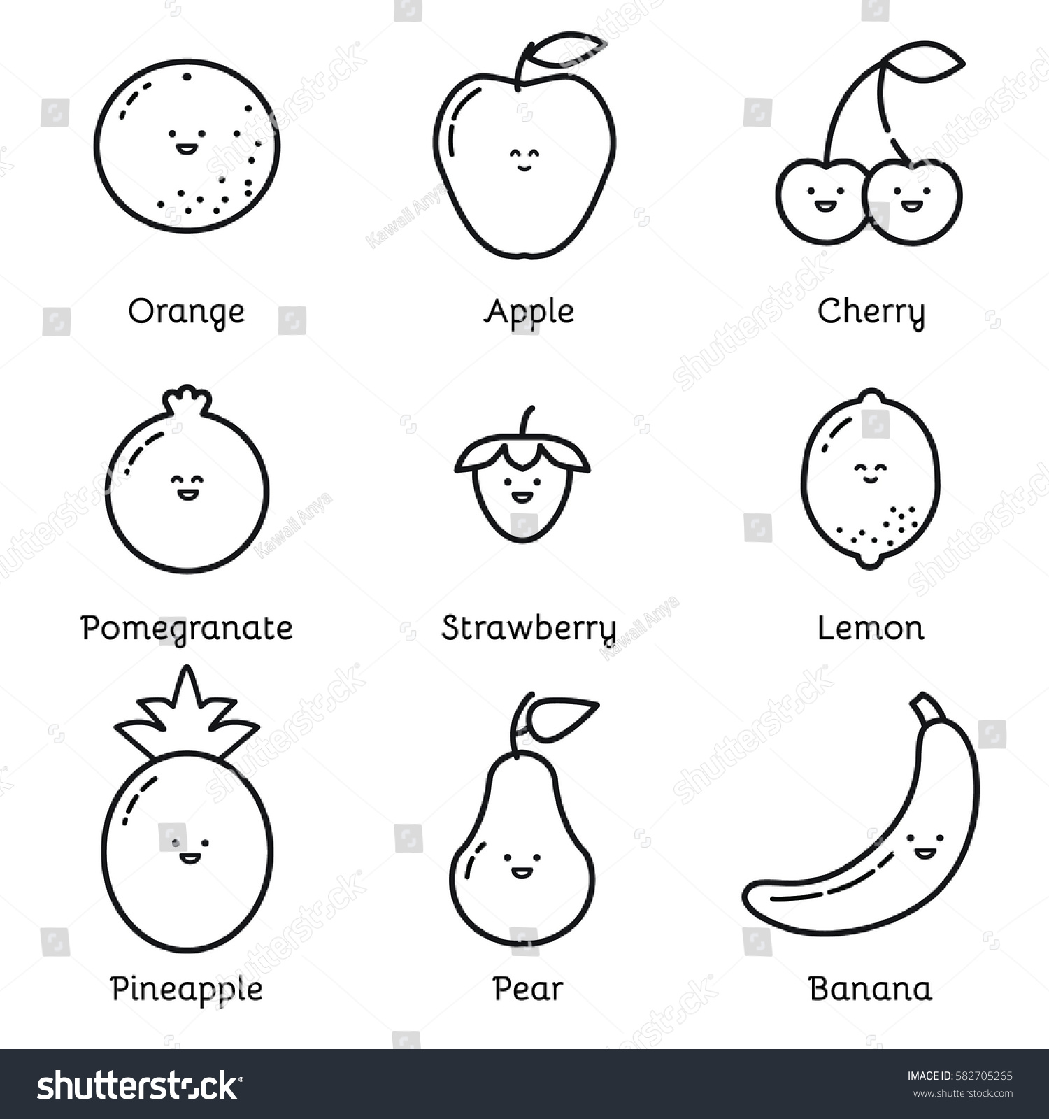 Cute Smiling Fruits Coloring Page Children Stock Vector (Royalty Free
