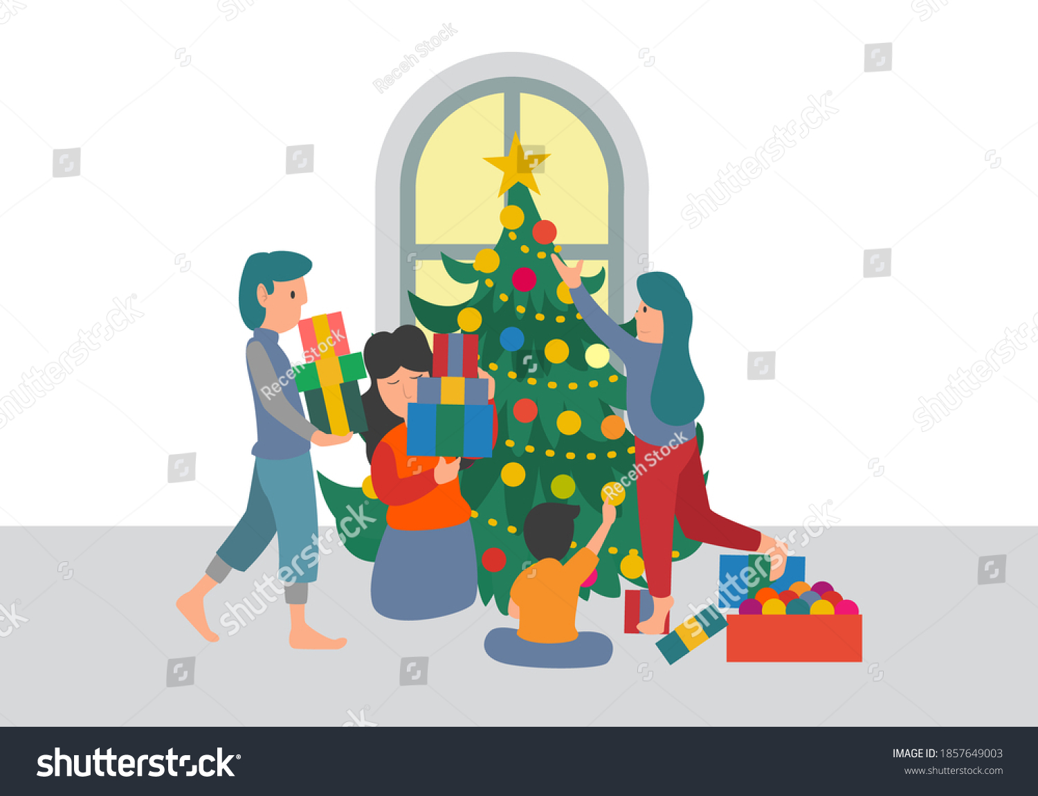 Cute Smiling People Decorating Christmas Tree Stock Vector (Royalty ...