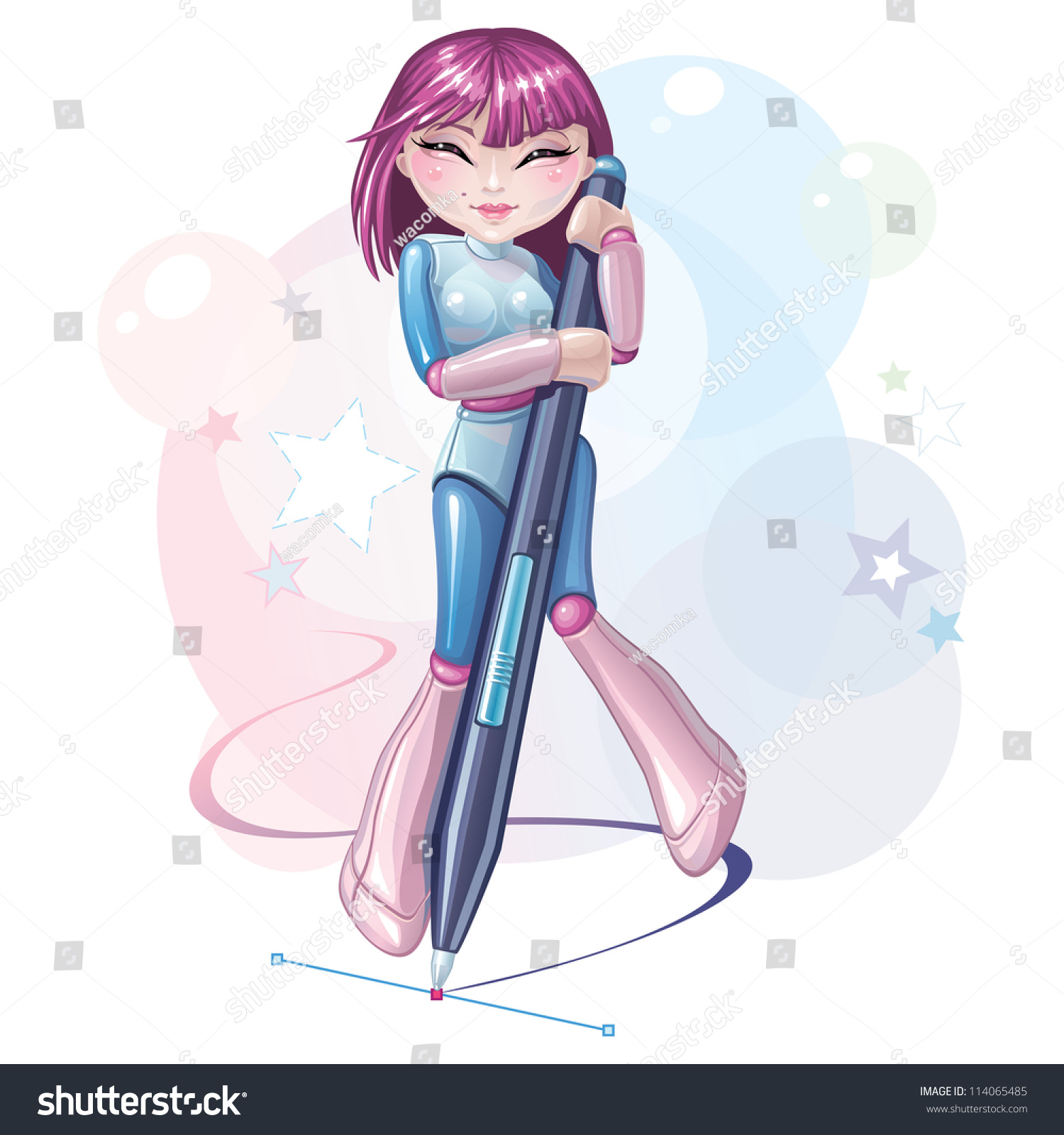 Stock Vektor Cute Smiling Robot Girl Drawing Holding Bez Autorskych Poplatku