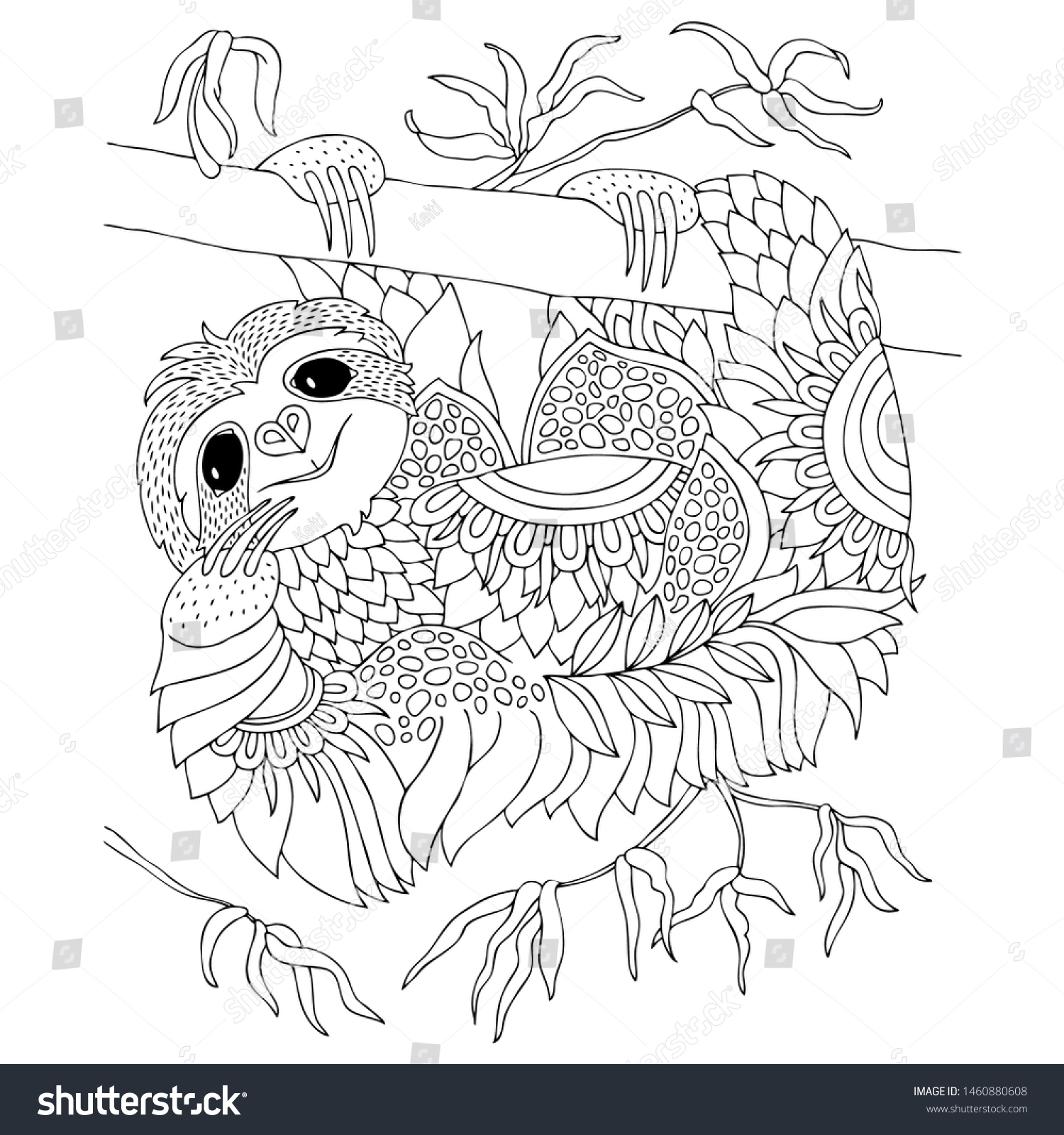 Download Cute Smiling Sloth Hanging On Tree Stock Vector Royalty Free 1460880608