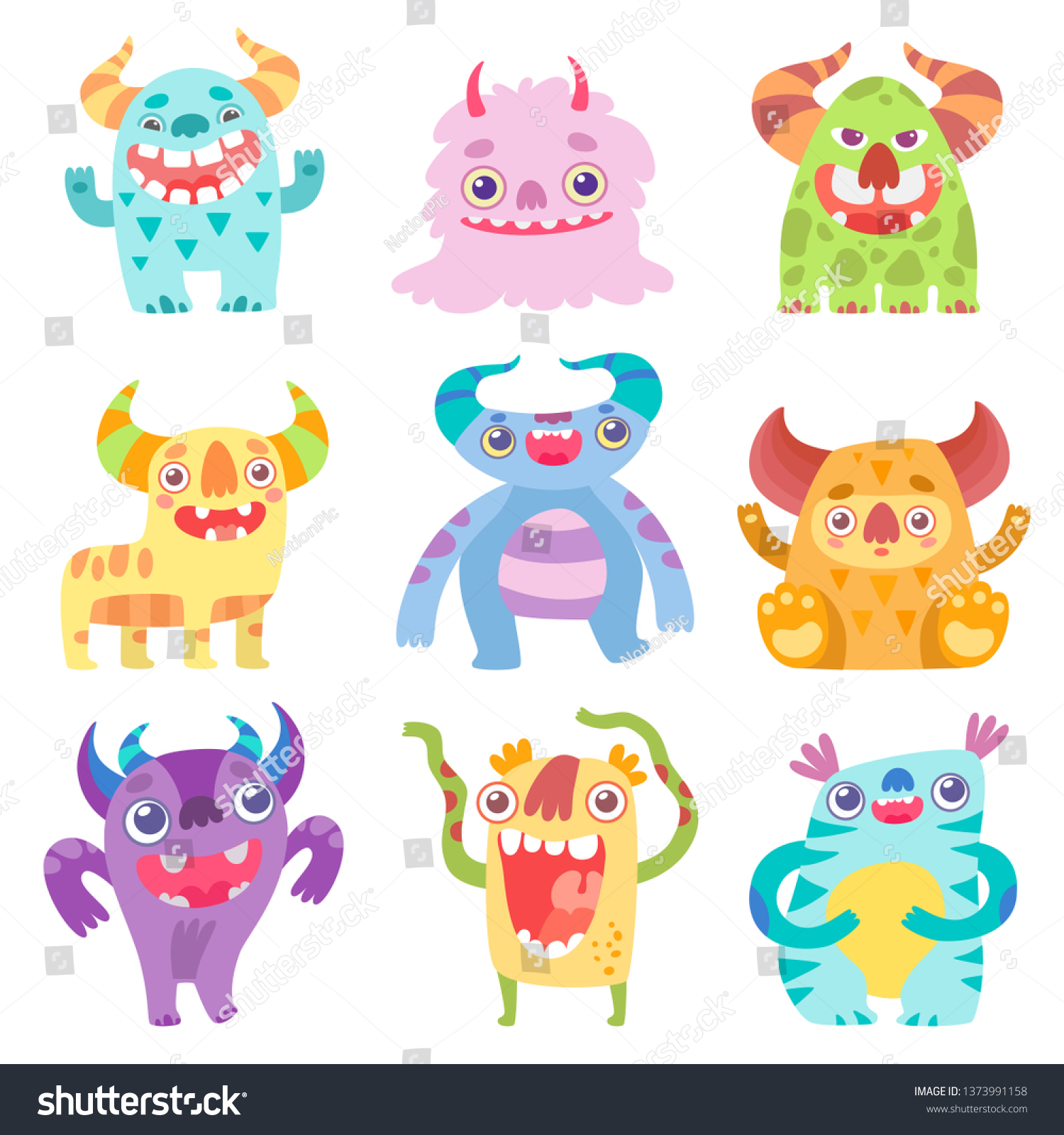 Cute Smiling Toothy Monsters Friendly Funny Stock Vector Royalty Free 1373991158 