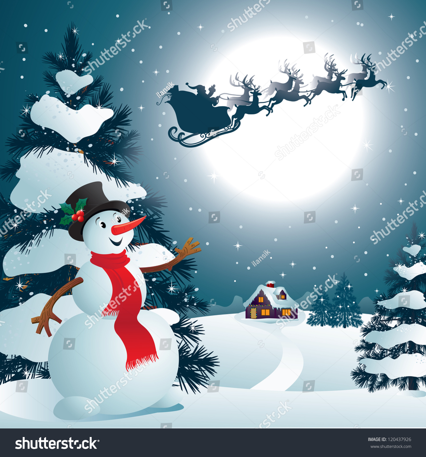 Cute Snowman On The Background Of Night Sky With A Bright Moon And The ...