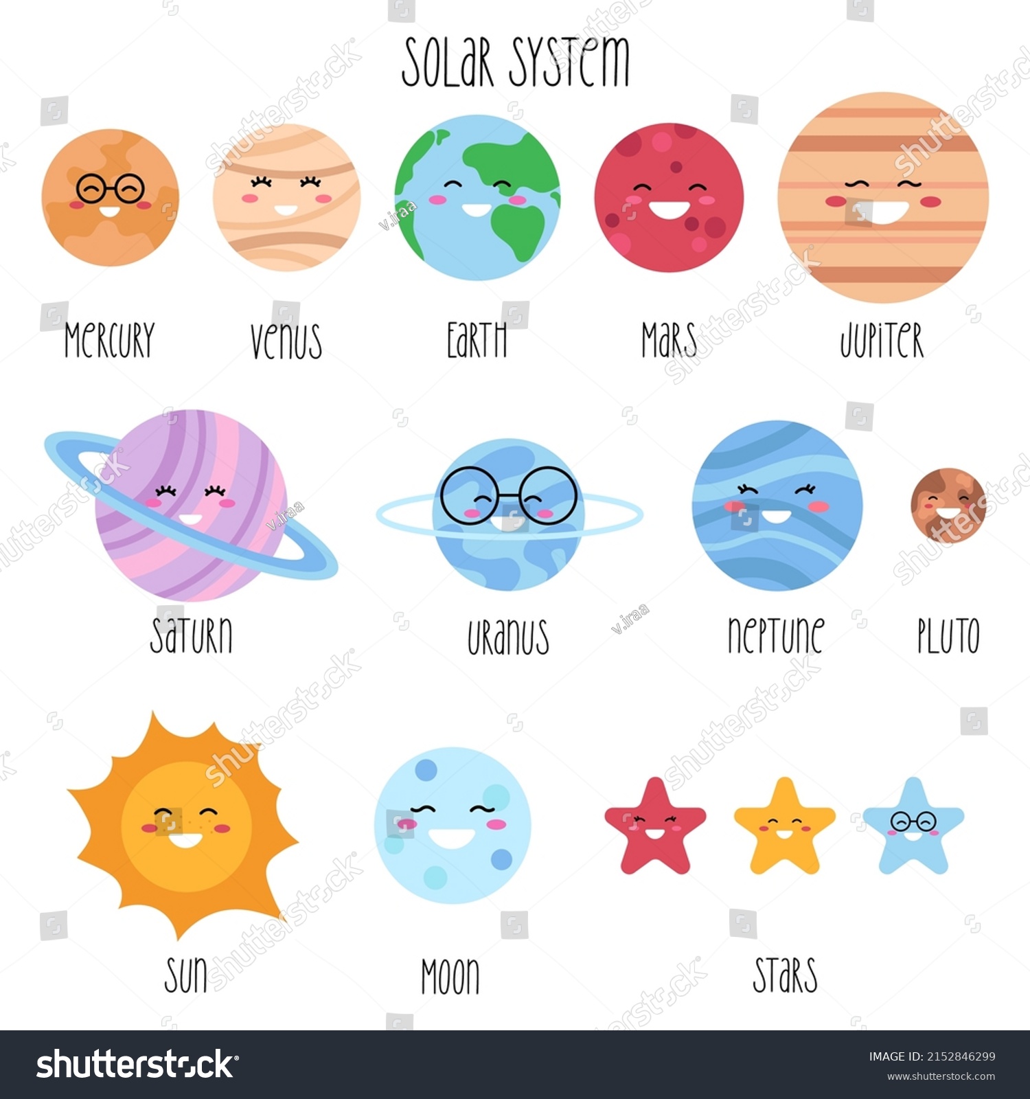 Cute Solar System Elements Kawaii Stickers Stock Vector (Royalty Free ...