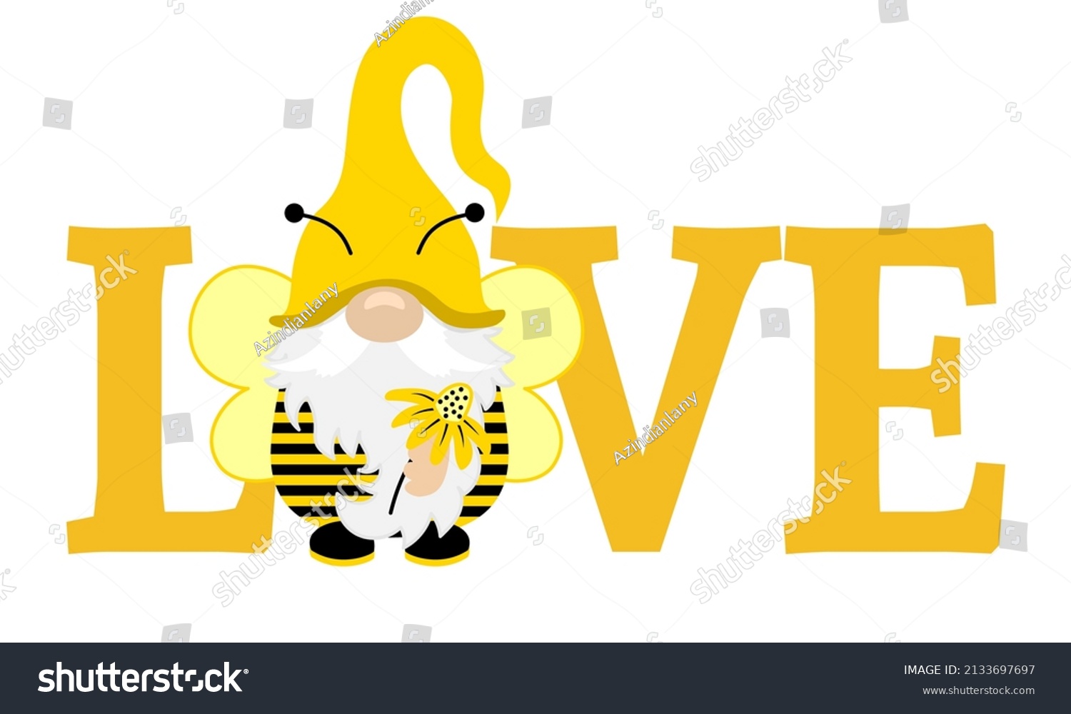 SVG of Cute Spring bee gnome with love text - hand drawn modern gnome  illustration. Perfect for advertising, poster, announcement or greeting card. Beautiful gnome in Honeybee costume. svg