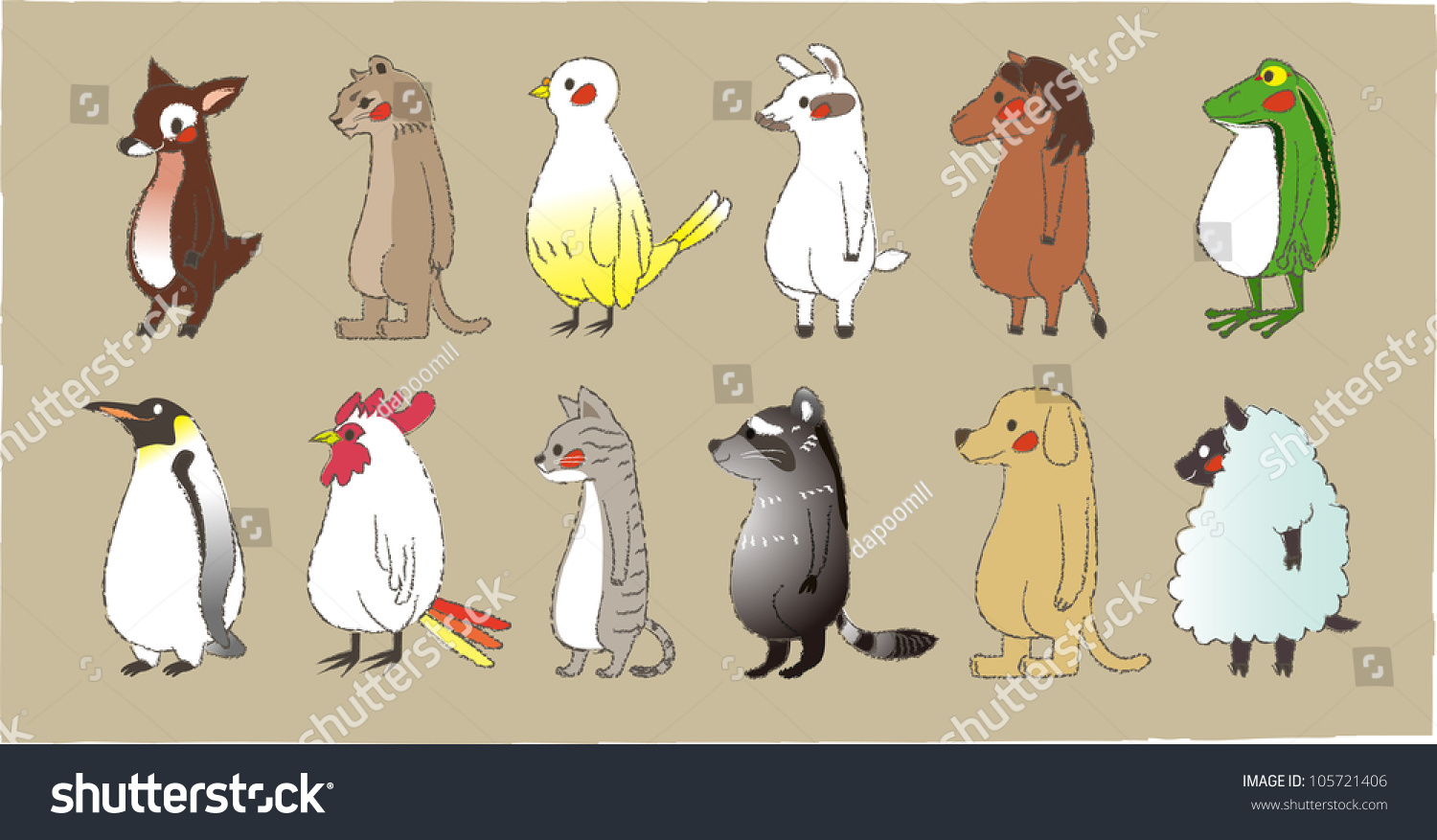 Cute Standing Animals Look Front Stock Vector (Royalty Free) 105721406