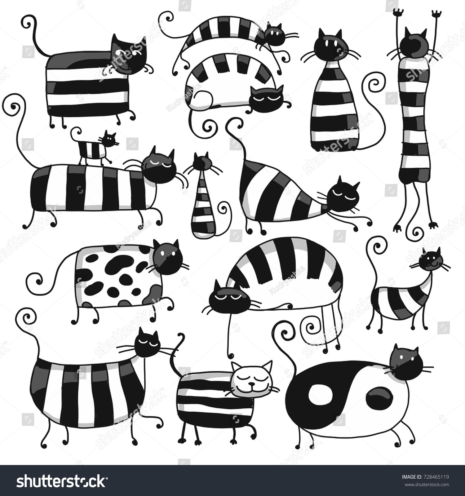 Cute Striped Cats Family Sketch Your Stock Vector (Royalty Free) 728465119