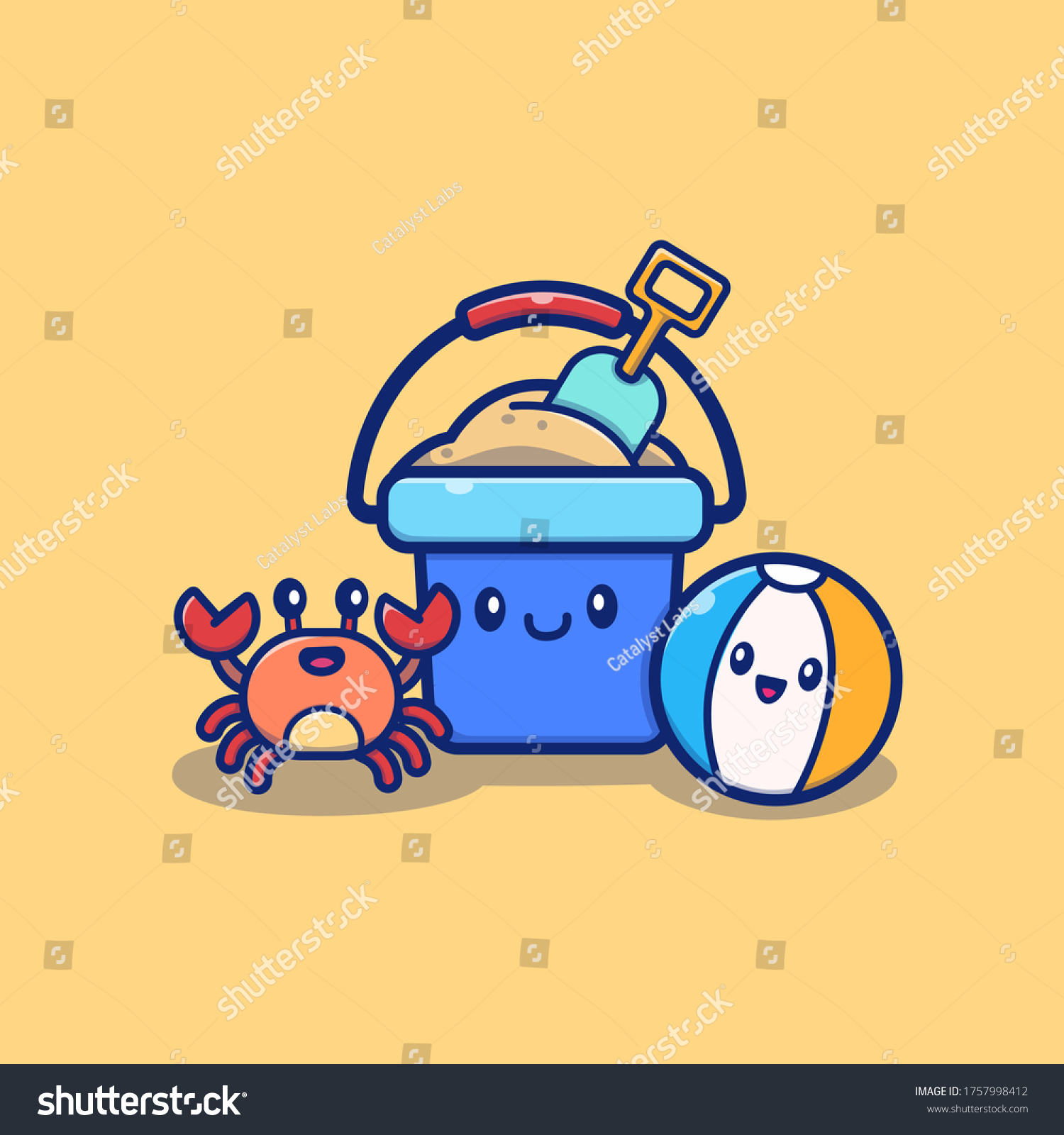 SVG of Cute Summer Bucket Sand With Crab And Ball Cartoon Vector Icon Illustration. Summer Icon Concept Isolated Premium Vector. Flat Cartoon Style  svg