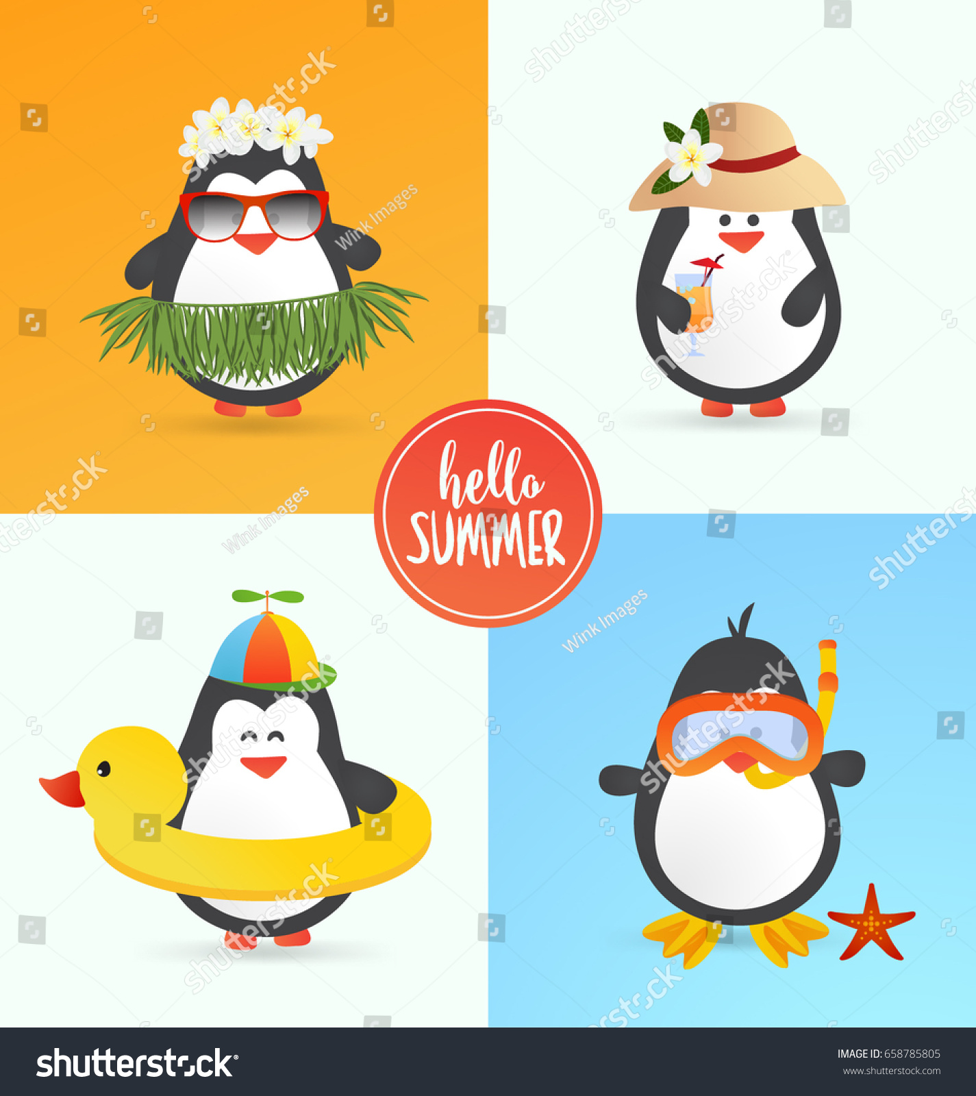 Download Cute Summer Penguin Characters Set Summer Stock Vector Royalty Free 658785805