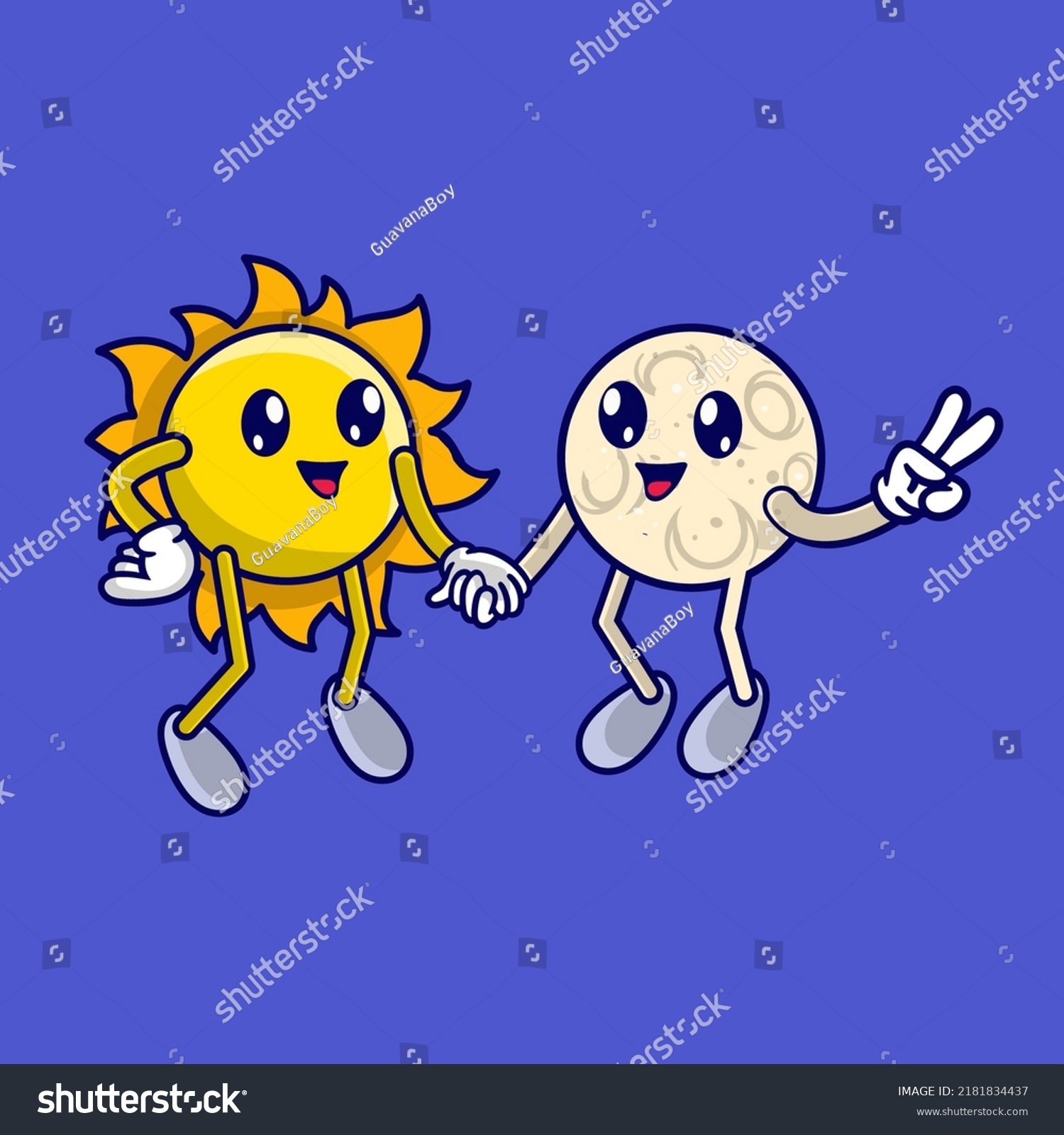 SVG of Cute sun cartoon and moon cartoon holding hand svg