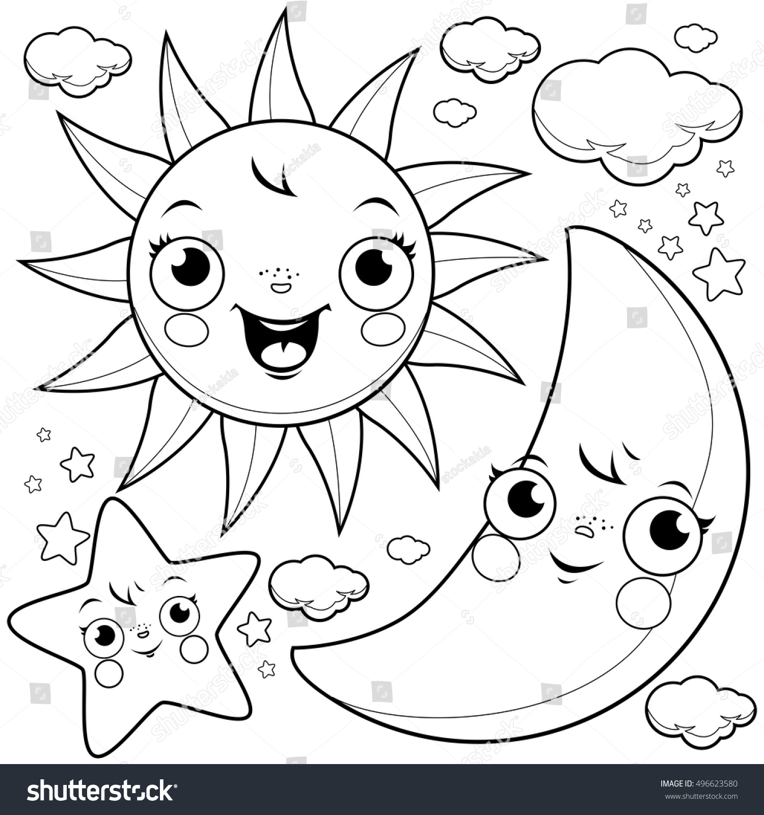 Cute Sun Moon Stars Clouds Black Vector De Stock Libre De Regalías 496623580 Shutterstock