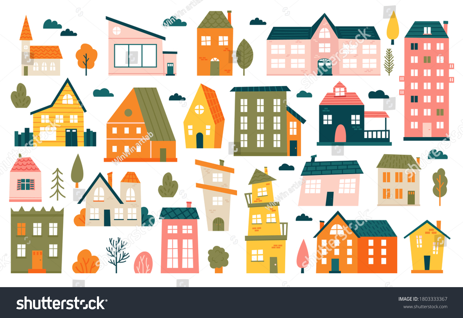 SVG of Cute tiny houses. Cartoon small town houses, minimalism city buildings, minimal suburban residential house vector illustration icons set. House small multicolour, structure town residential exterior svg