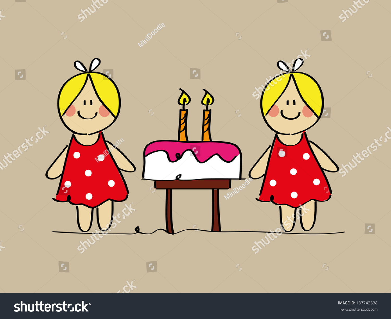Cute Twin Girls Sketch Birthday Cake Stock Vector Royalty Free