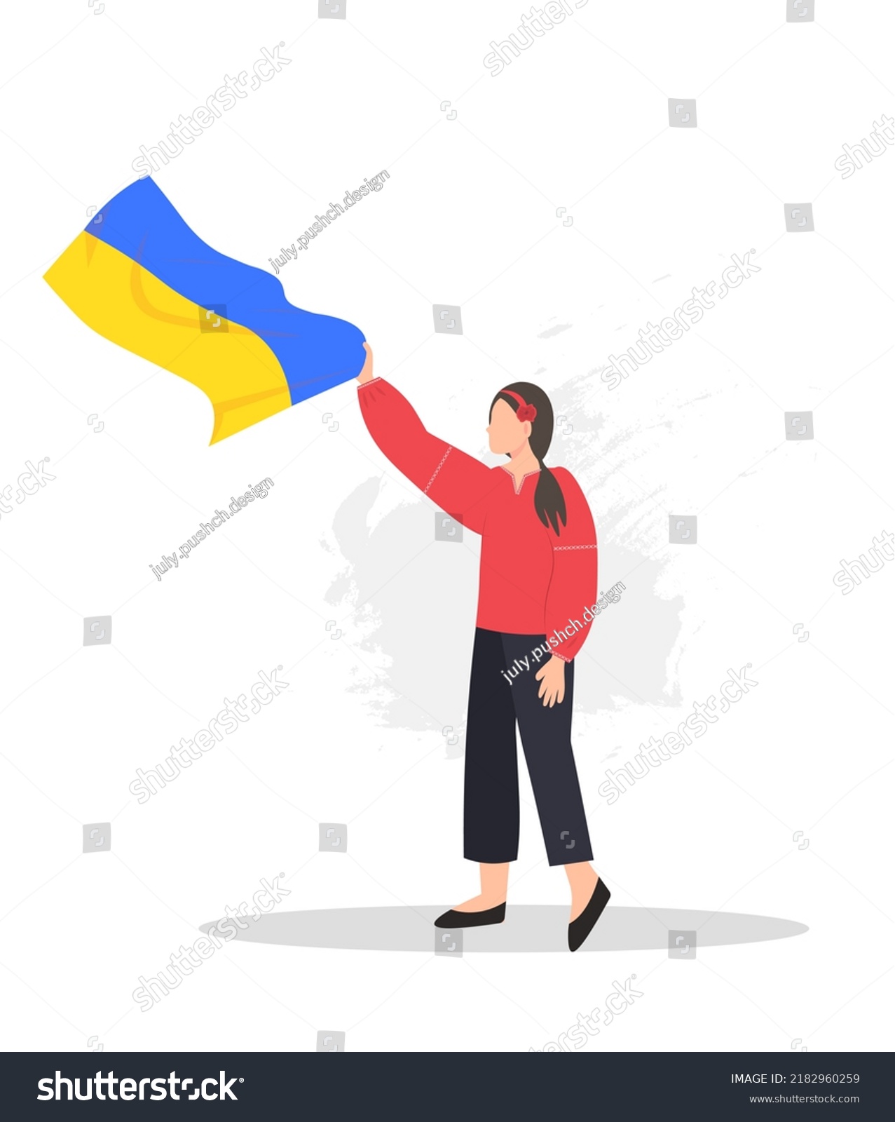 SVG of Cute Ukrainian woman with yellow and blue flag in her hand in national clothes, patriotic woman, flat vector illustration svg