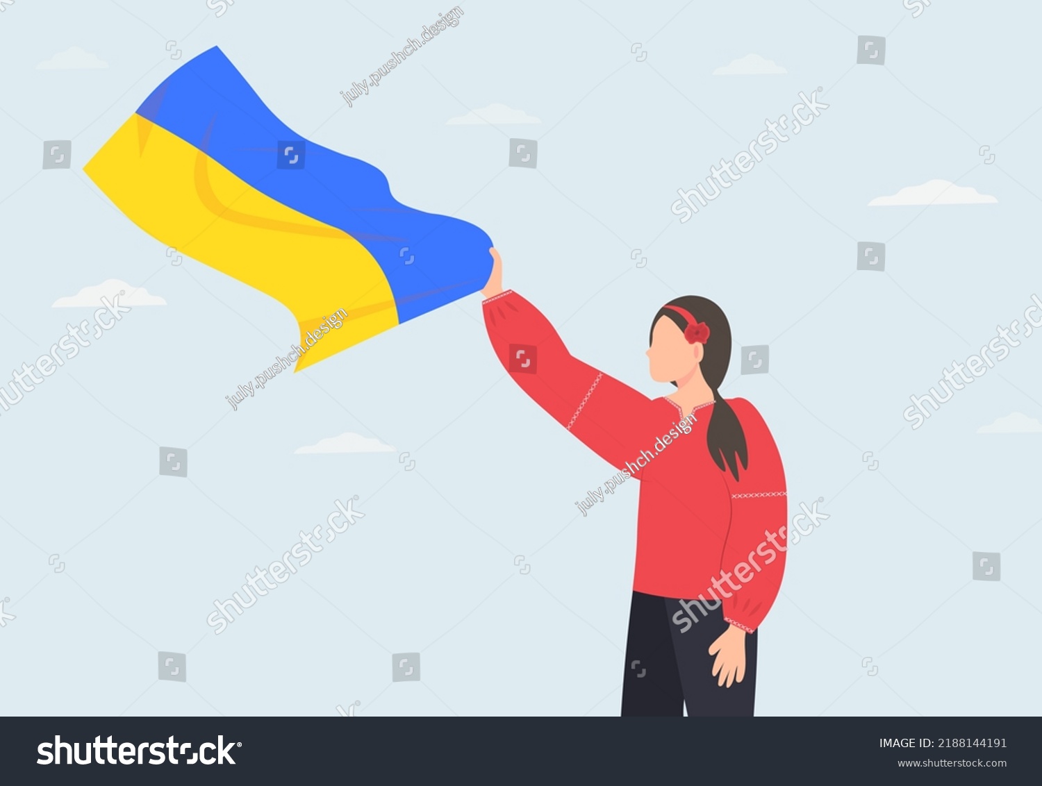 SVG of Cute Ukrainian woman with yellow and blue flag in her hand in national clothes, patriotic woman, flat vector illustration svg