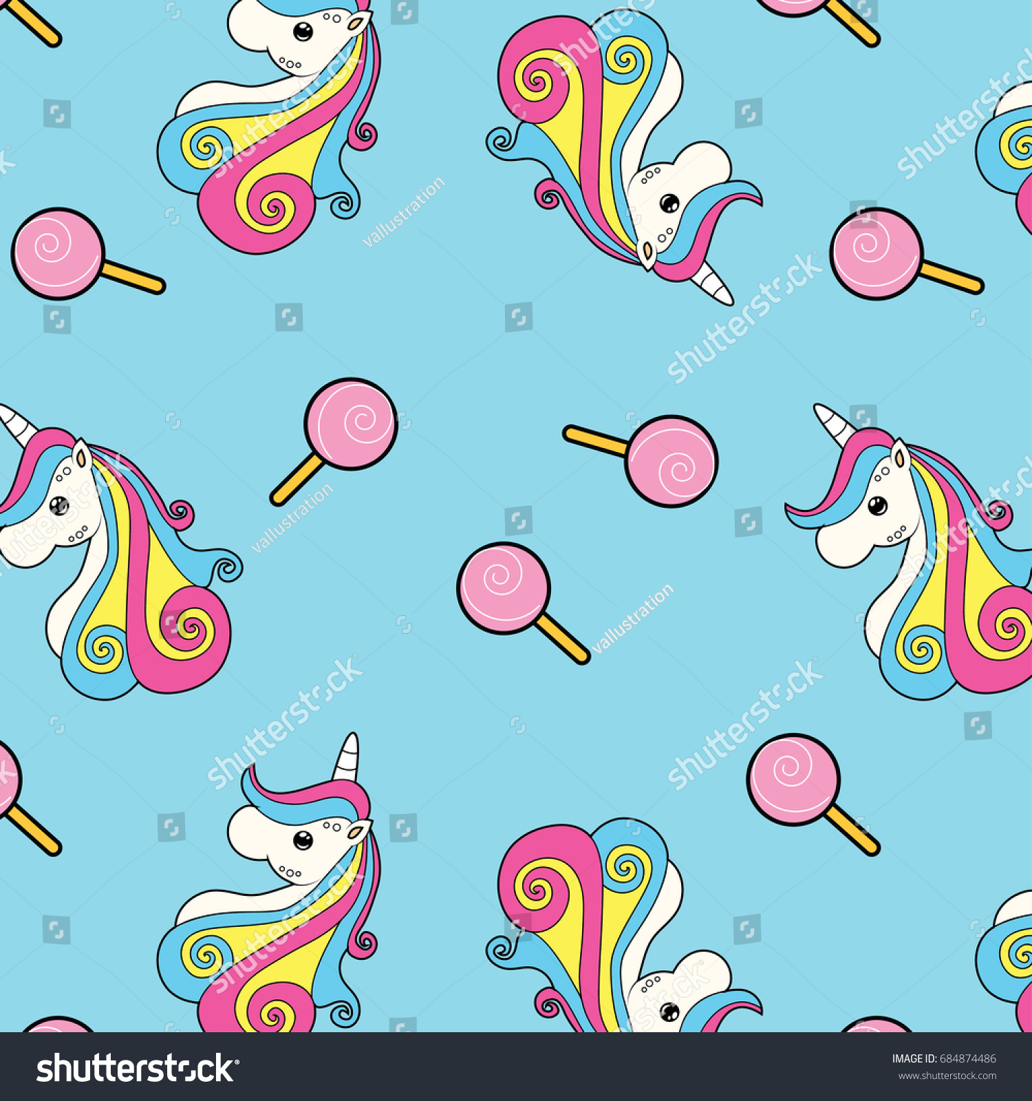 Cute Unicorn Lolipop Wallpaper Vector Illustration Stock Vector