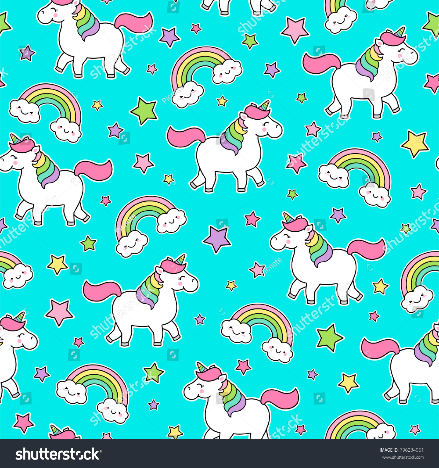 Cute Unicorn Rainbow Seamless Pattern Star Vetor Stock Livre De Direitos 796234951 Shutterstock