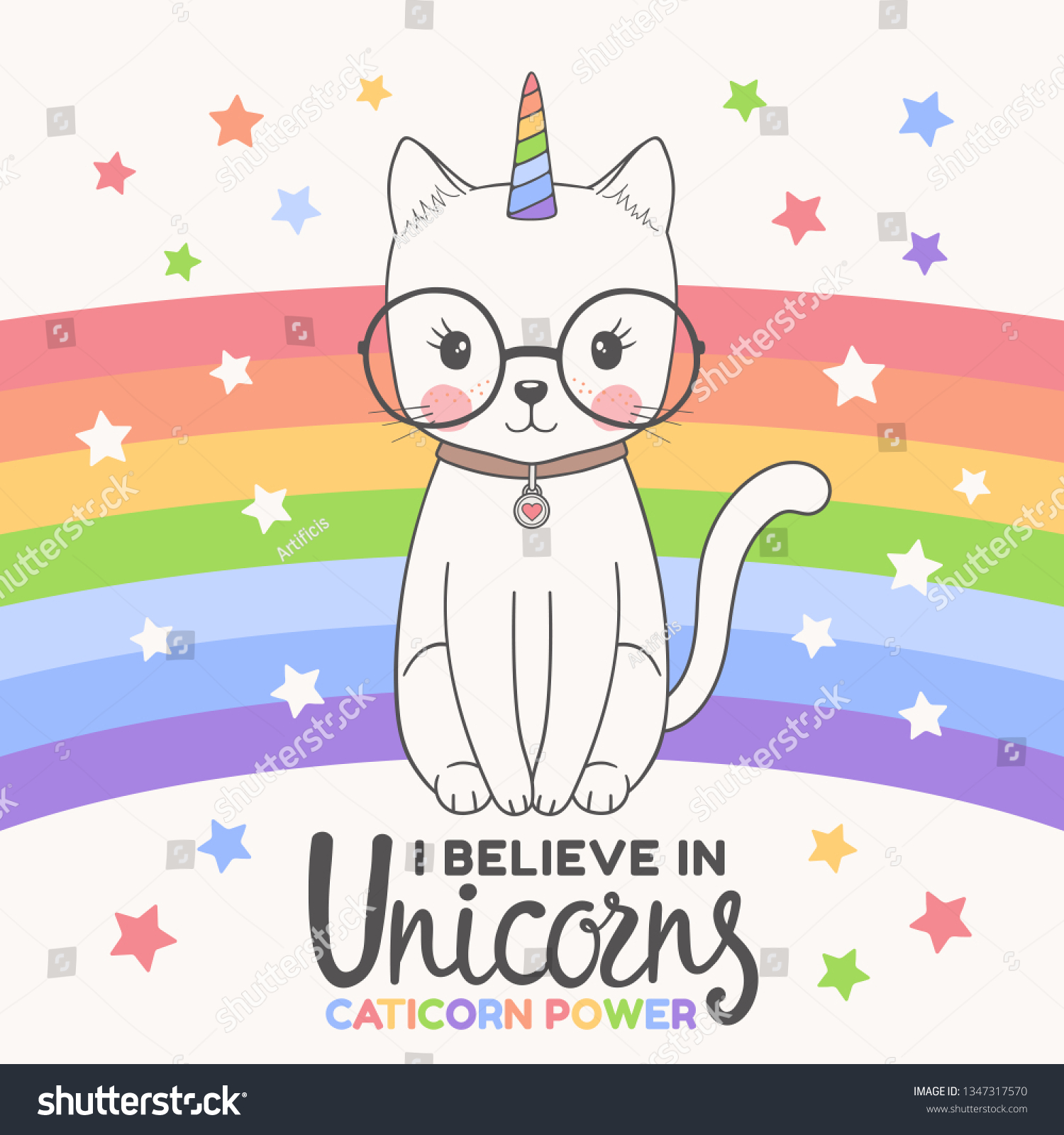 SVG of Cute unicorn cat with rainbow, glasses. I Believe in Unicorns slogan. Caticorn Power. Cartoon vector illustration svg