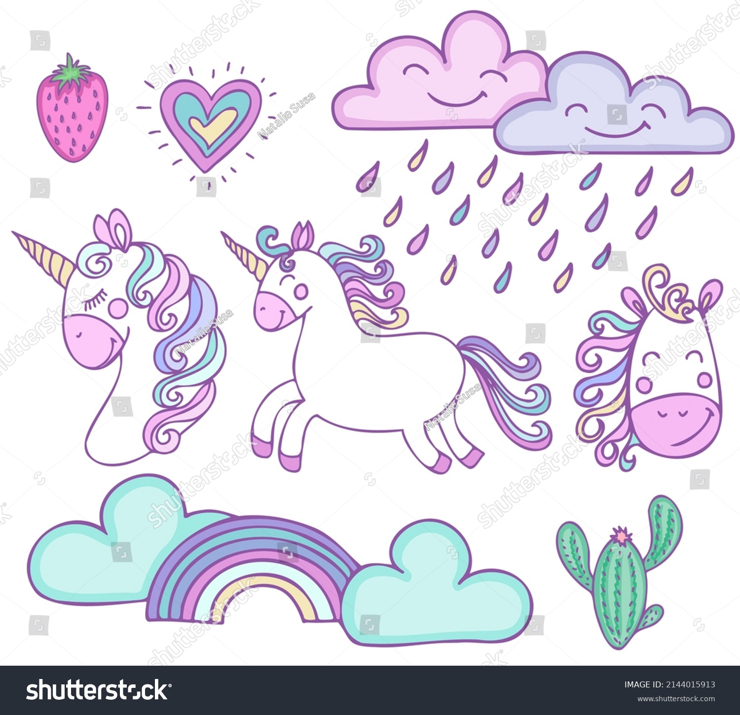 SVG of Cute unicorn clip art with colorful mane.Doodle style vector illustration of rainbow, clouds,cactus, heart isolated on white background.
Suitable for nursery and post card design and svg for cricut svg