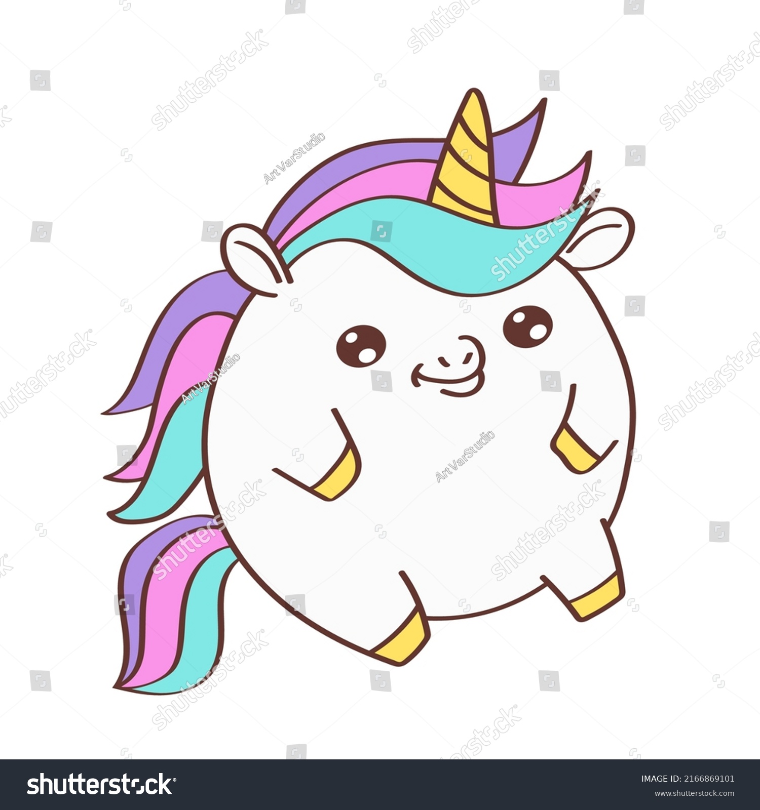 SVG of Cute Unicorn Clipart for Kids Holidays and Goods. Happy Clip Art Unicorn Plump. Vector Illustration of an Animal for Stickers, Prints for Clothes, Baby Shower Invitation.  svg