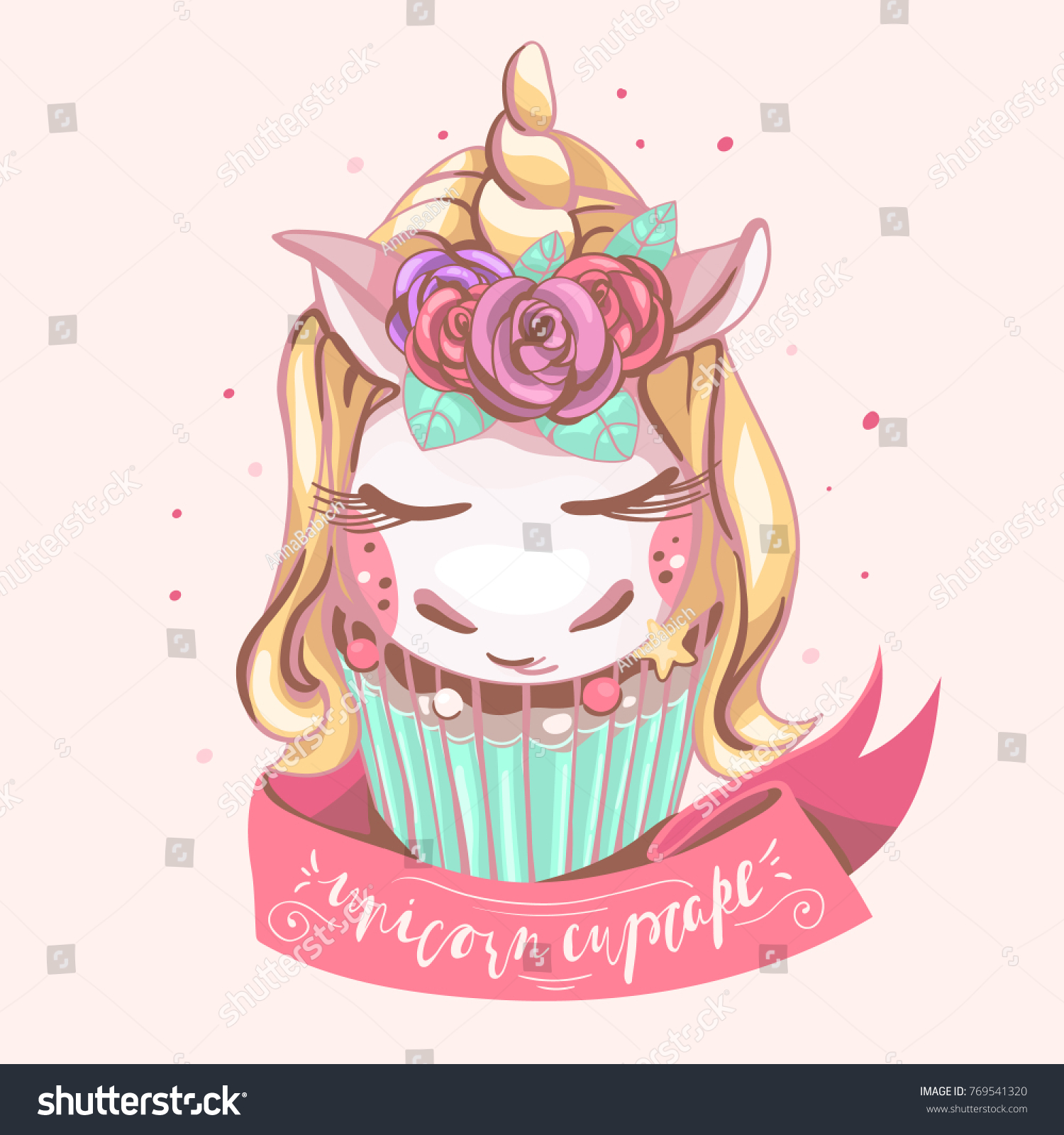 Cute Unicorn Cupcake Beautiful Magic Background Stock Vector
