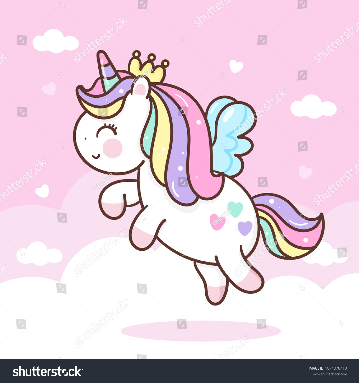 Cute Unicorn Vector Pegasus Fly On Stock Vector (Royalty Free) 1874078413