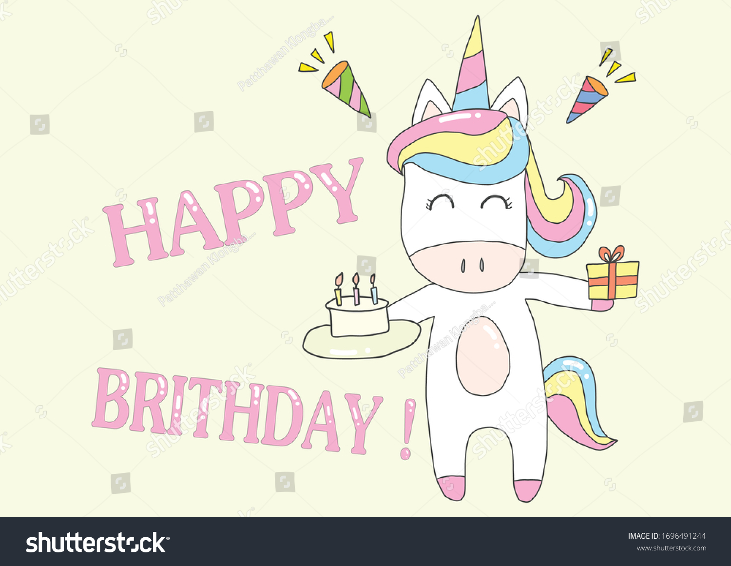 Cute Unicorn Birthday Cake Stock Vector (Royalty Free) 1696491244