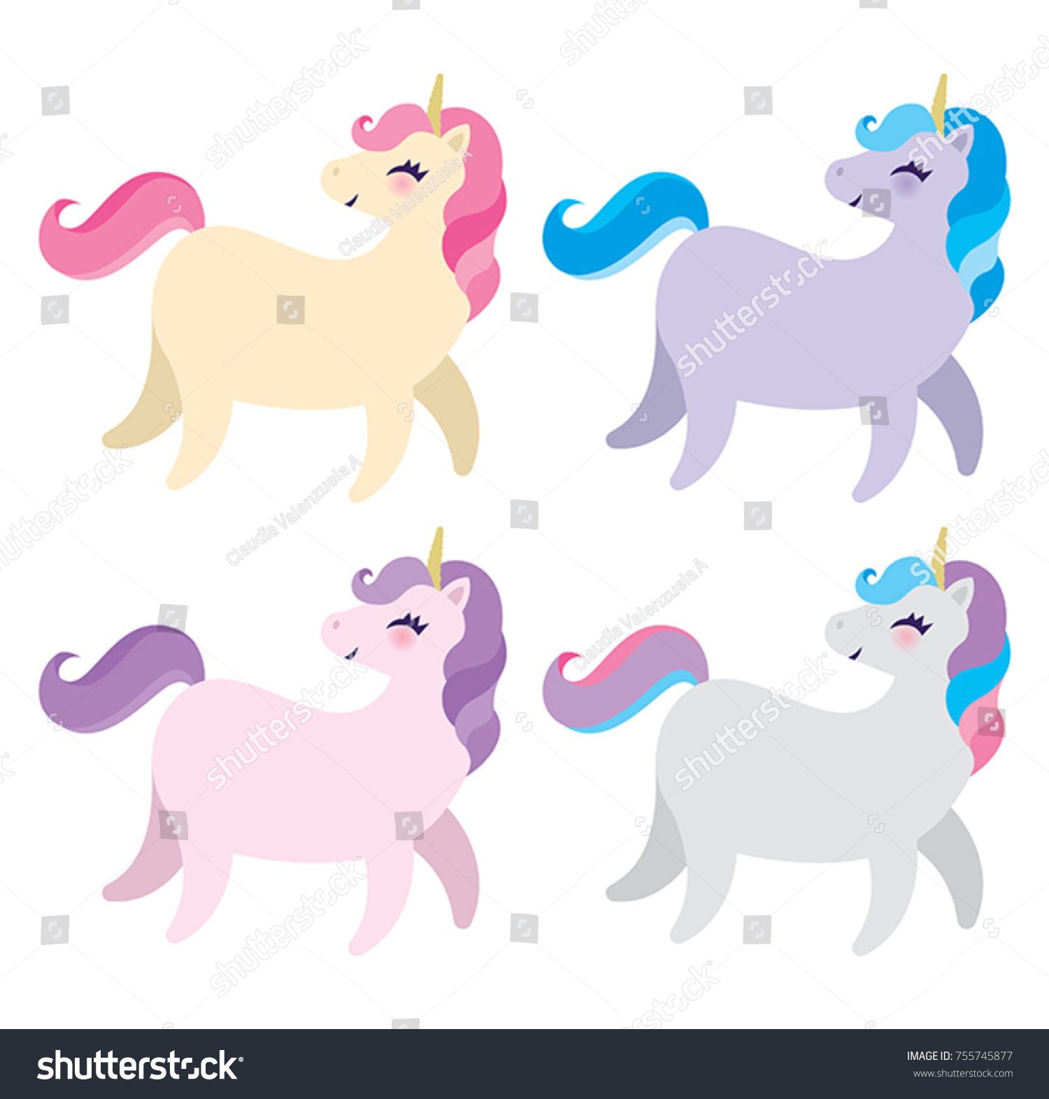 Cute Unicorns Different Colors Stock Vector (Royalty Free) 755745877