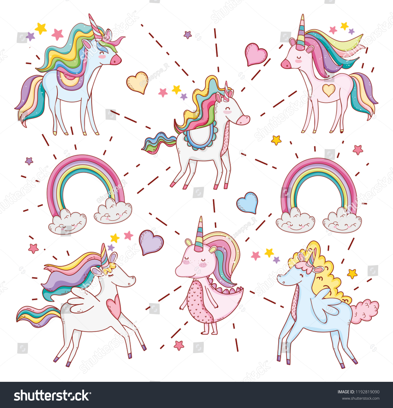 Cute Unicorns Rainbow Clouds Hearts Stock Vector (Royalty Free ...