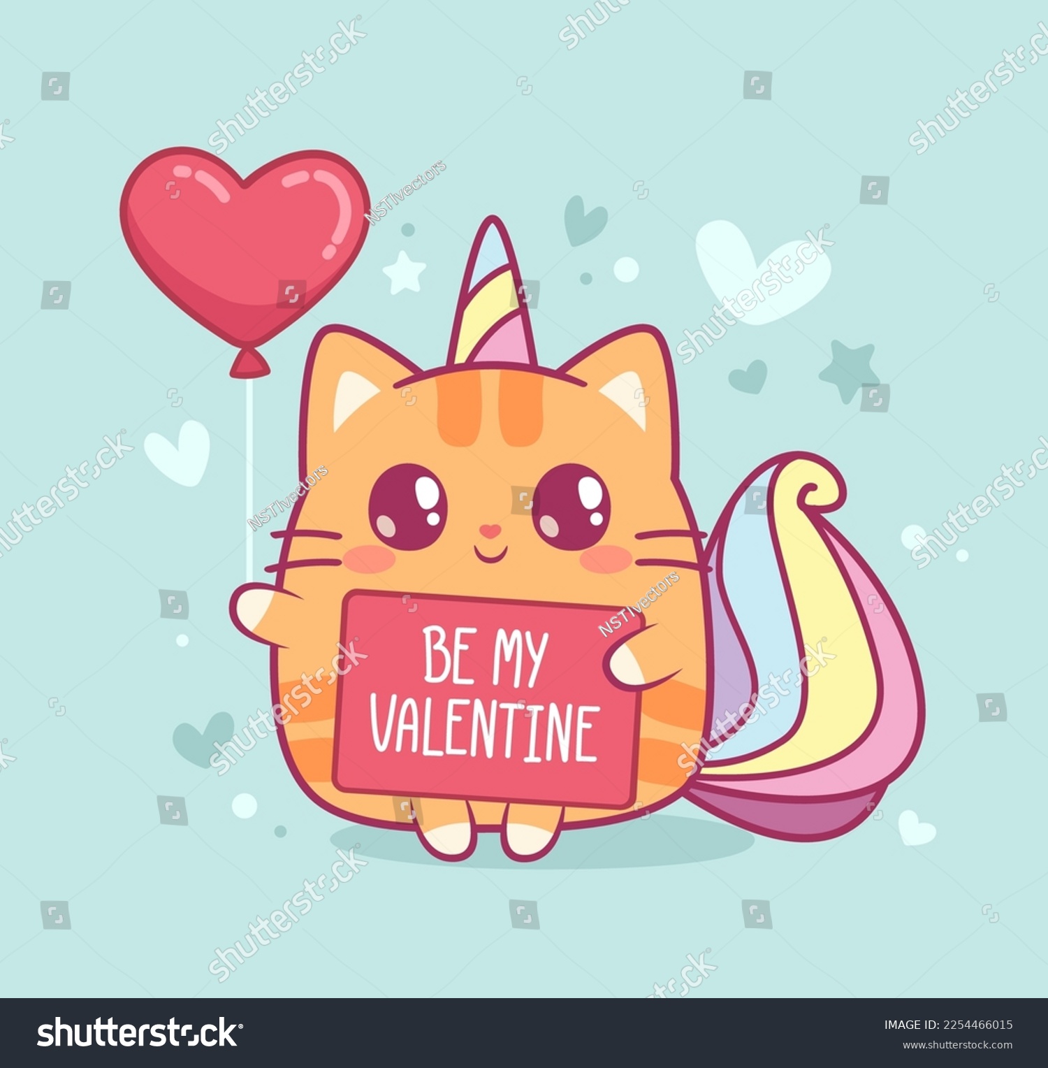 SVG of Cute Valentine's Day card with Caticorn kitten or White Cat Unicorn hold heart balloon and hand drawn inscription 