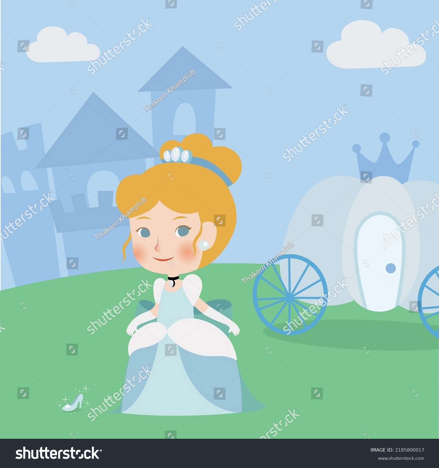 SVG of Cute vecter Cinderella princess cartoon character from fairy tales wear baby blue gown dress with glass slipper and pumpkin carriage isolated on background of castle svg