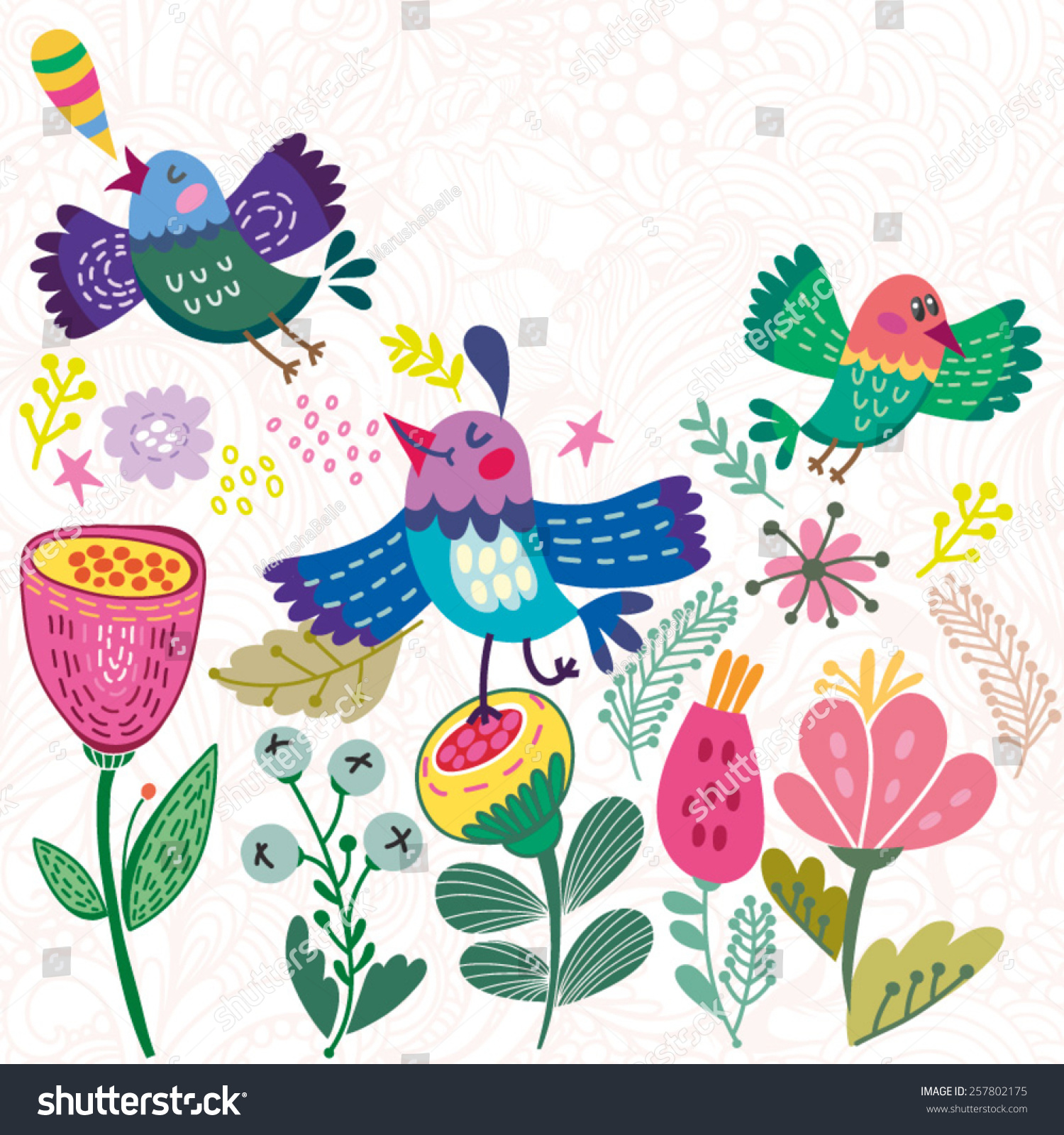 Cute Vector Illustration Cartoon Birds Flowersstylish Stock Vector ...