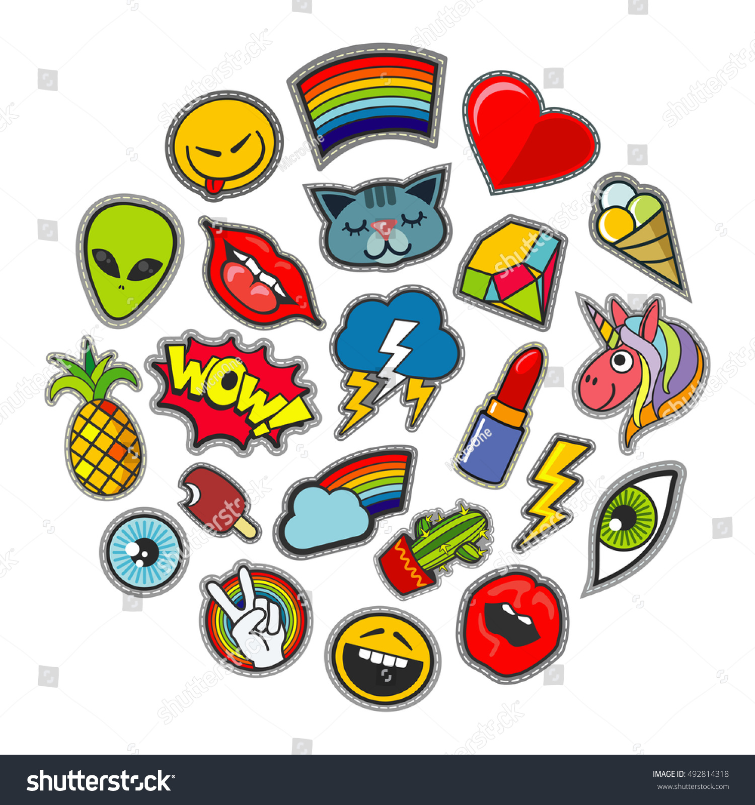 Cute vector patches icons in circle design Unicorn and alien pineapple and thunderstorm illustration