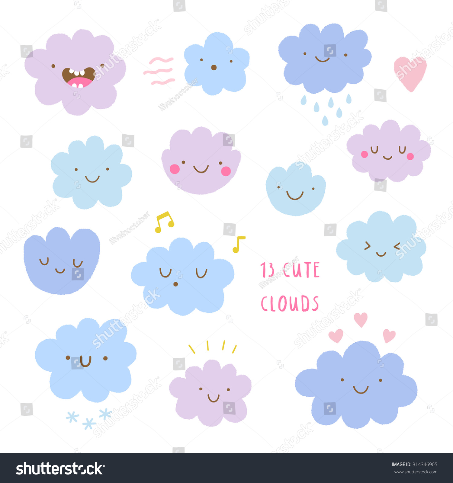 Cute Vector Set Of Clouds Icons. Funny Happy Smiley Clouds. Happy ...