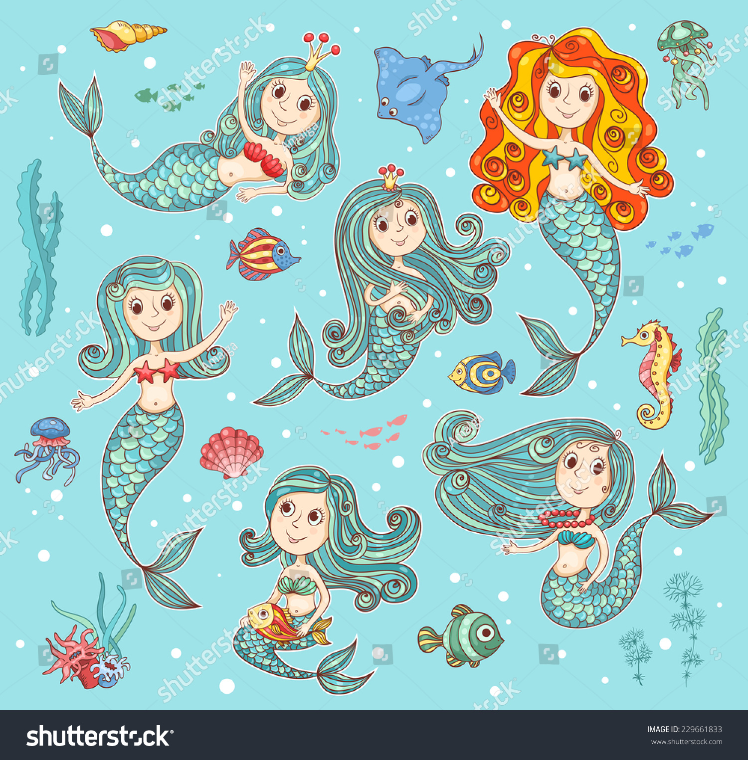 Cute Vector Set Happy Mermaids Cartoon Stock Vector (Royalty Free ...