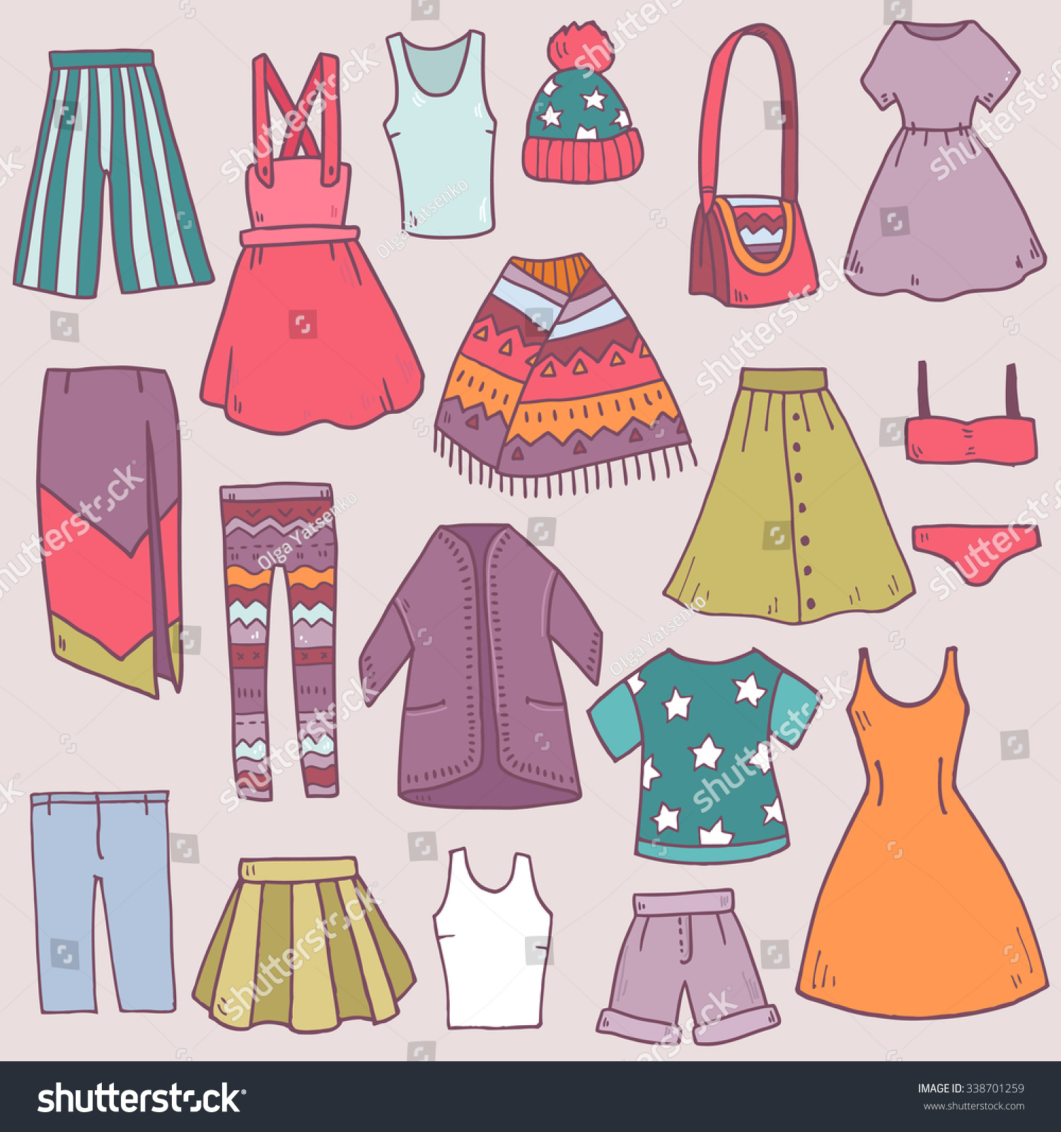 Cute Vector Summer Cartoon Set With Woman Clothes Icons In Vintage ...