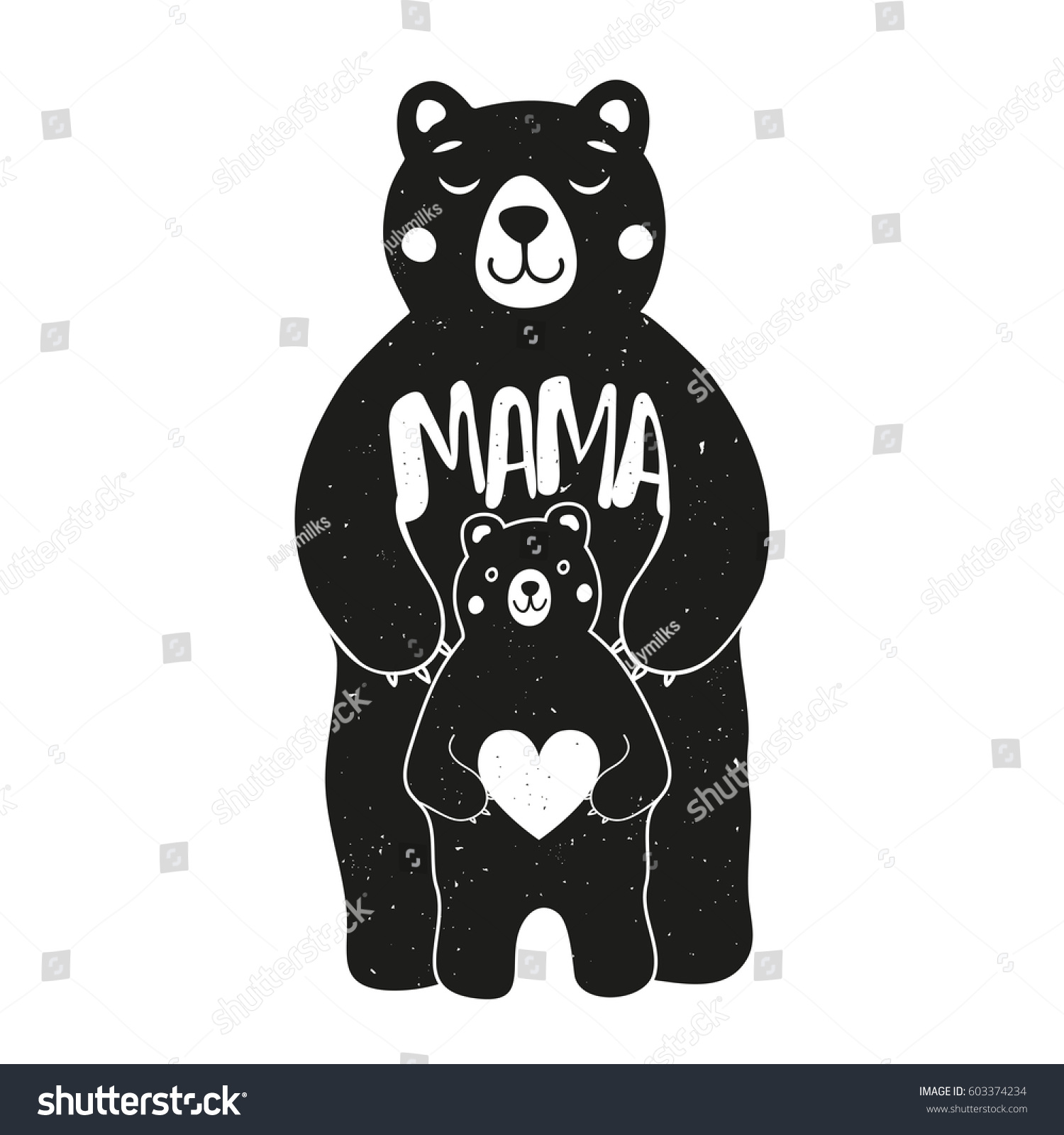 SVG of Cute vector typography poster with mother bear and baby holding white heart. Illustration with lettering word - Mama. Print design, Mother's day greeting card art svg