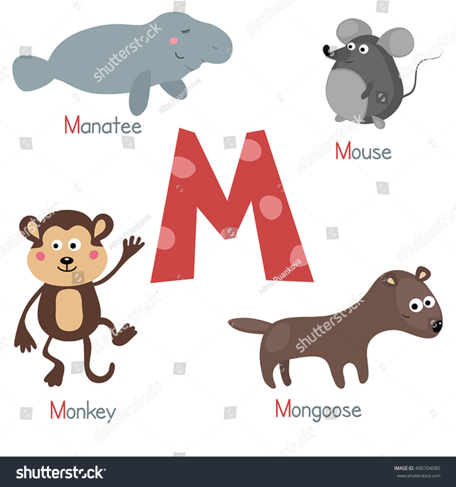 Cute Vector Zoo Alphabet. Funny Cartoon Animals: Manatee, Mouse ...