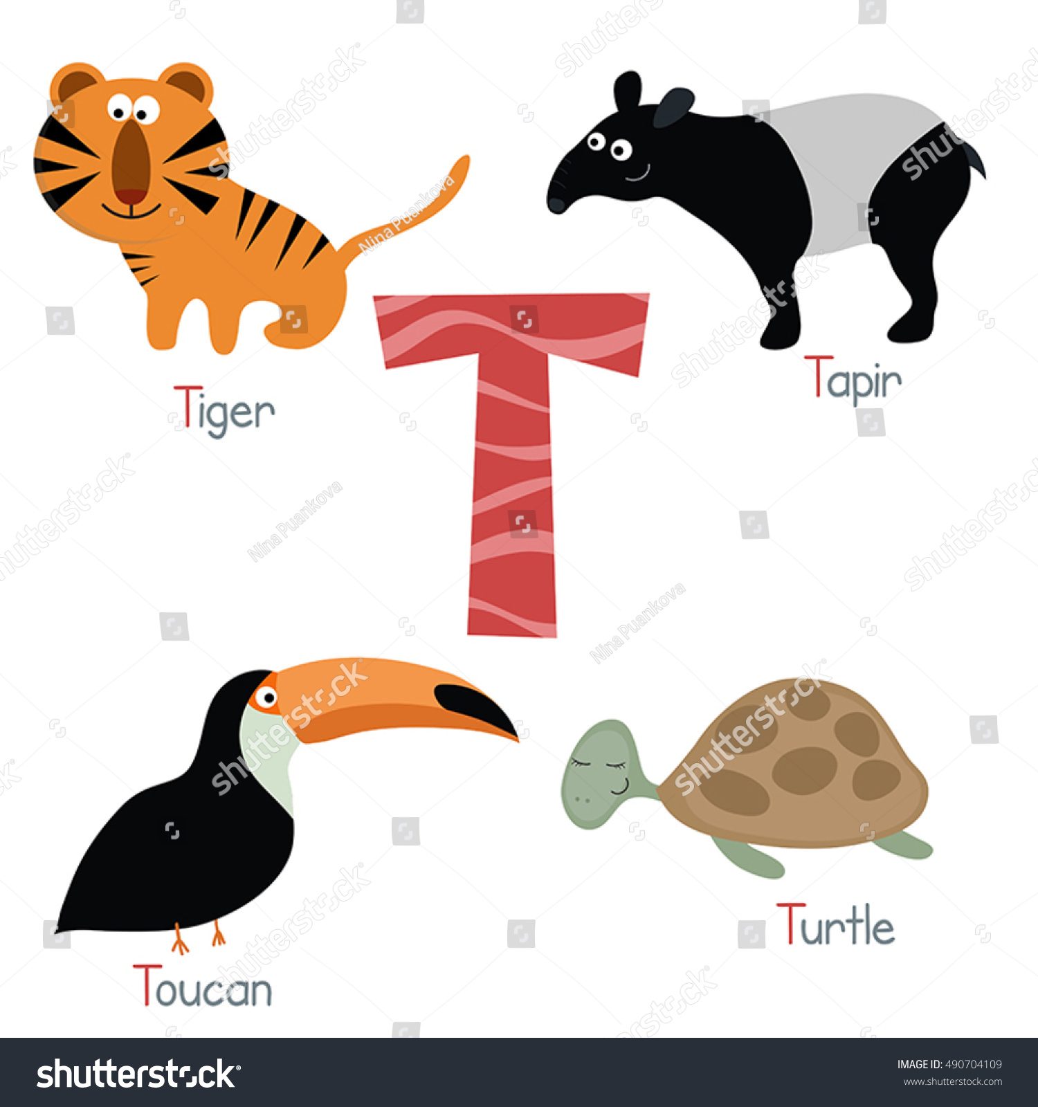 Cute Vector Zoo Alphabet. Funny Cartoon Animals: Tiger, Tapir, Toucan ...