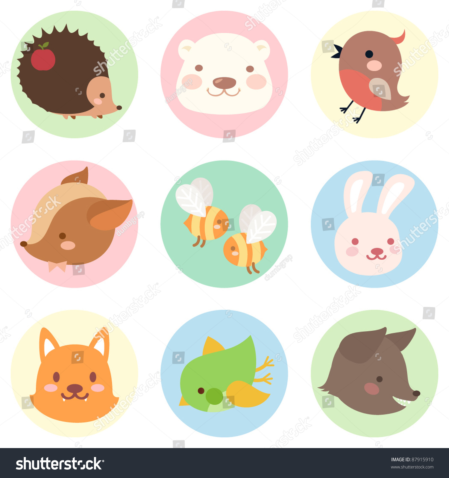 Cute Vintage Forest Creatures Icon Set Stock Vector 87915910 - Shutterstock