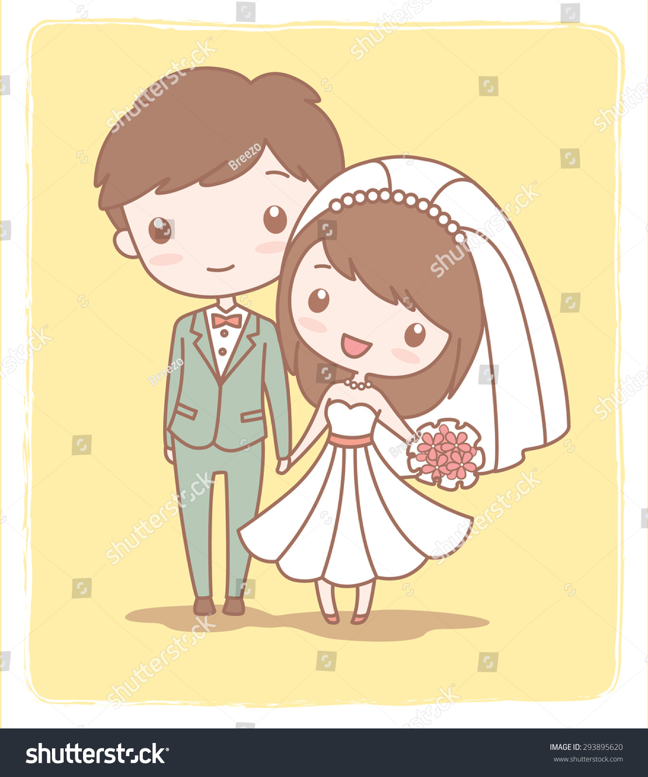 Cute Wedding Couple  On Yellow Backgroundvector Stock 
