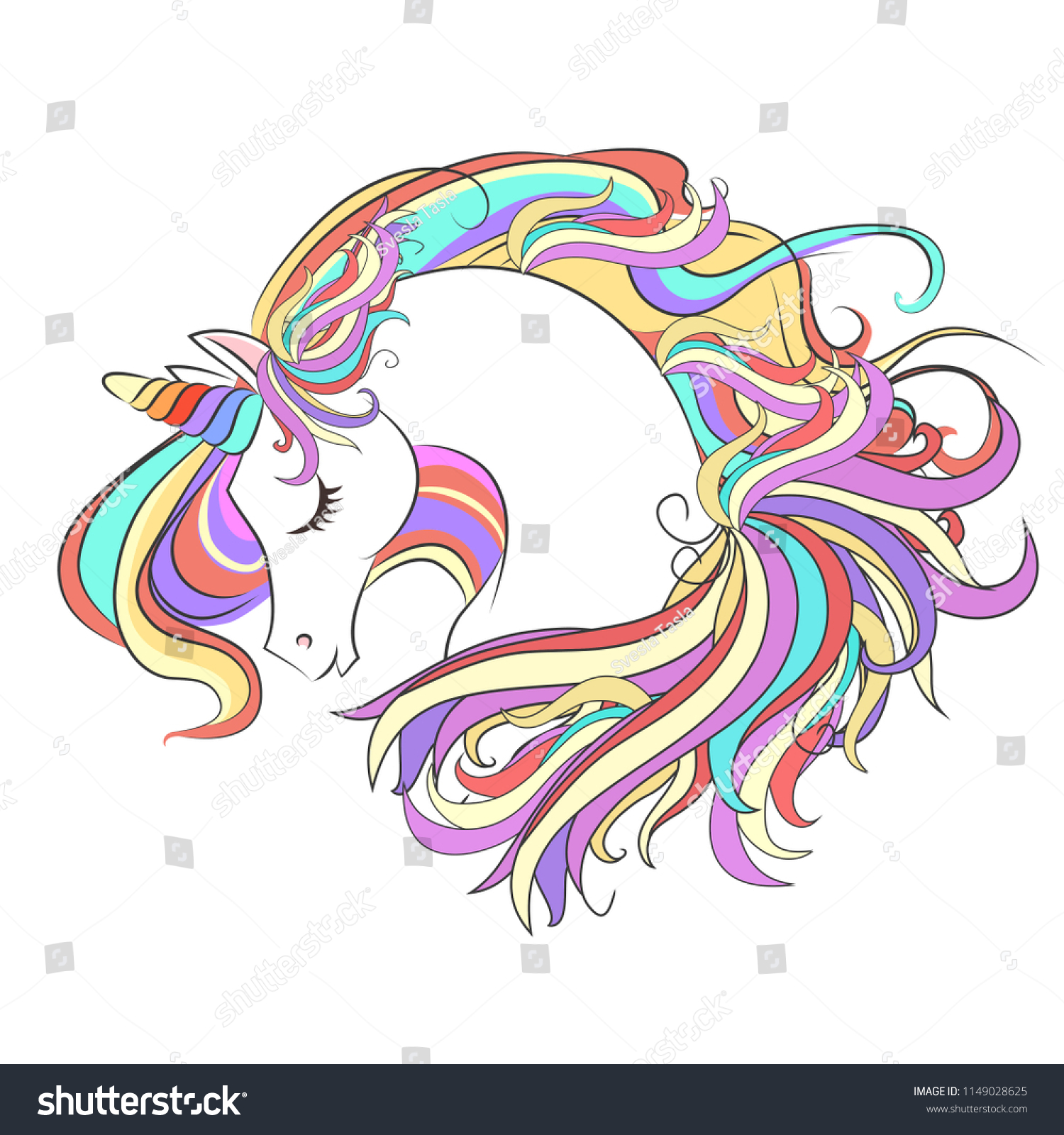 Cute White Unicorn Rainbow Hair Vector Stock Vector (Royalty Free ...