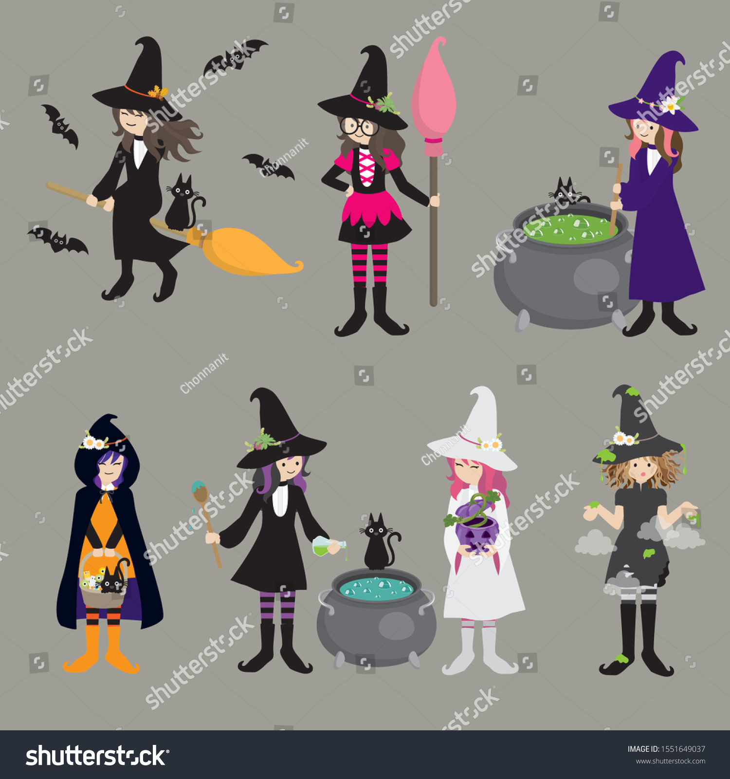 Cute Witches Many Poses Halloween Stock Vector (Royalty Free ...