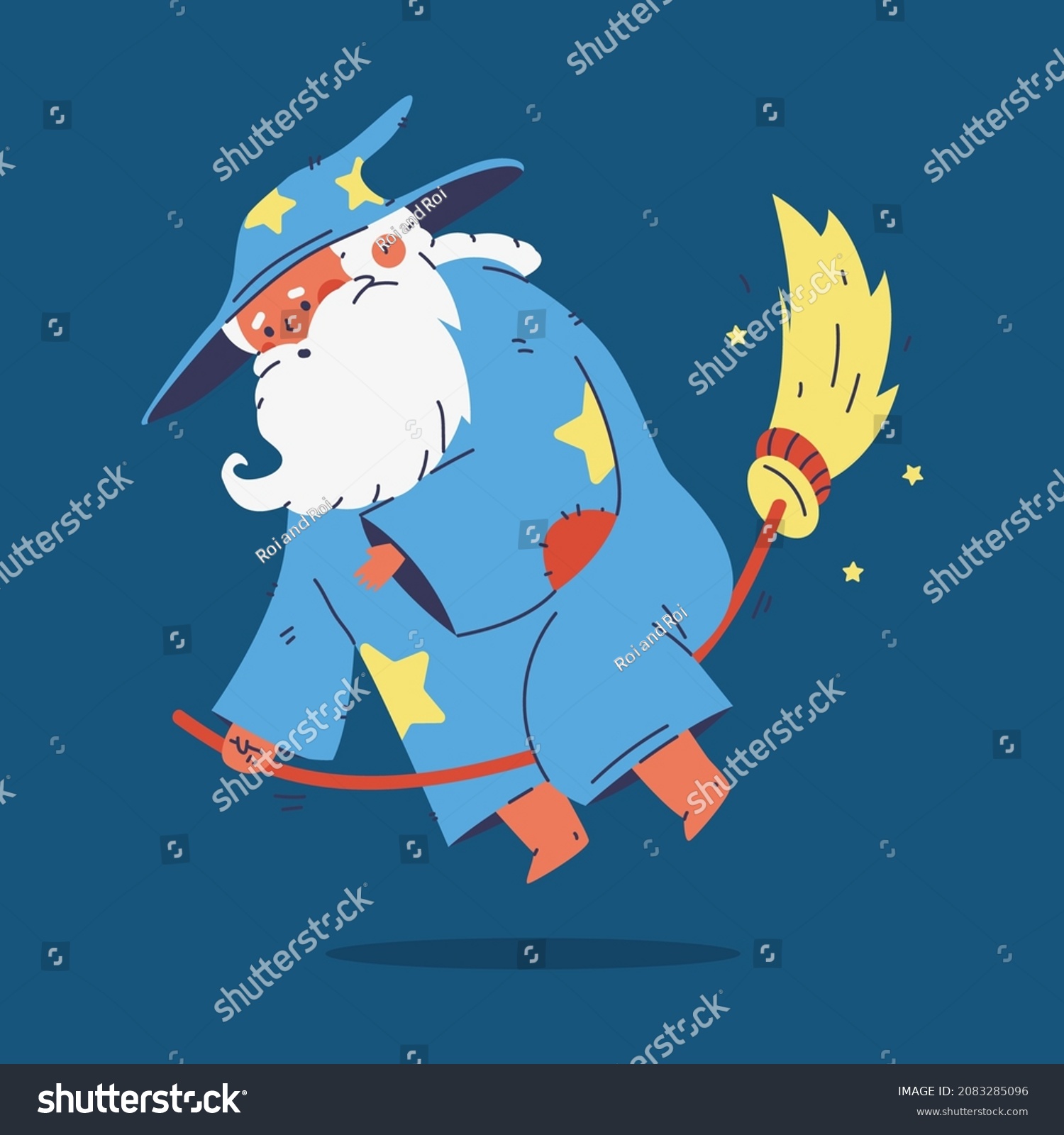 Cute Wizard Flying On Magic Broom Stock Vector (Royalty Free) 2083285096