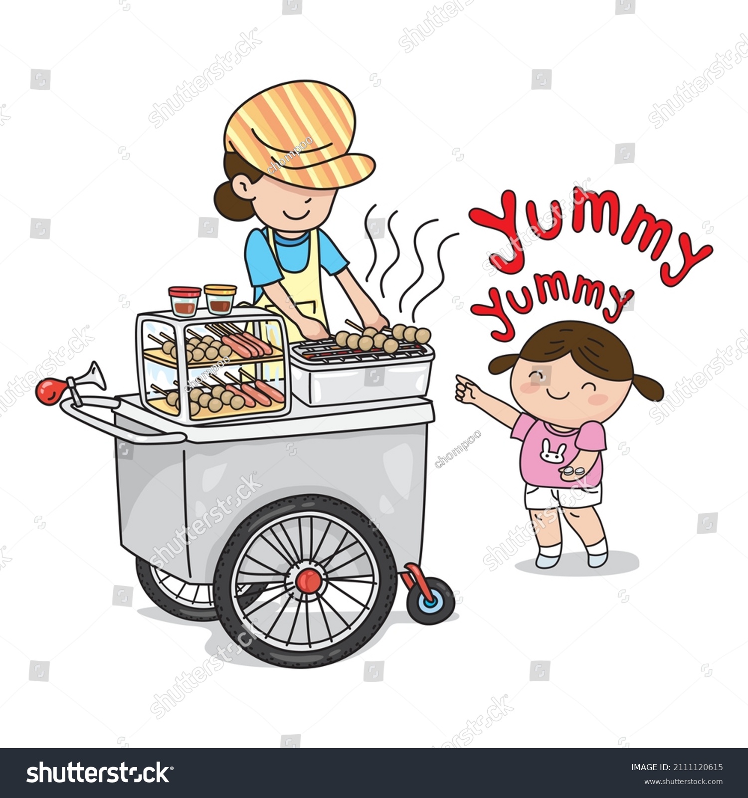 SVG of Cute young girl buys meatballs from a meatball cart selling, street food cart trolley, illustrator vector cartoon drawing
 svg