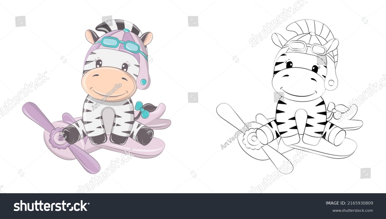SVG of Cute Zebra Clipart Illustration and Black and White. Funny Clip Art Zebra Pilot on a Plane. Vector Illustration of an Animal for Coloring Pages, Stickers, Baby Shower, Prints for Clothes.  svg