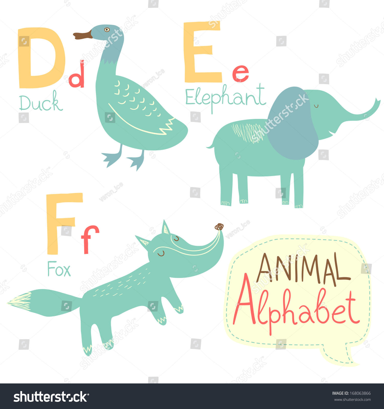 Cute Zoo Alphabet In Vector. D, E, F Letters. Funny Animals. Duck ...