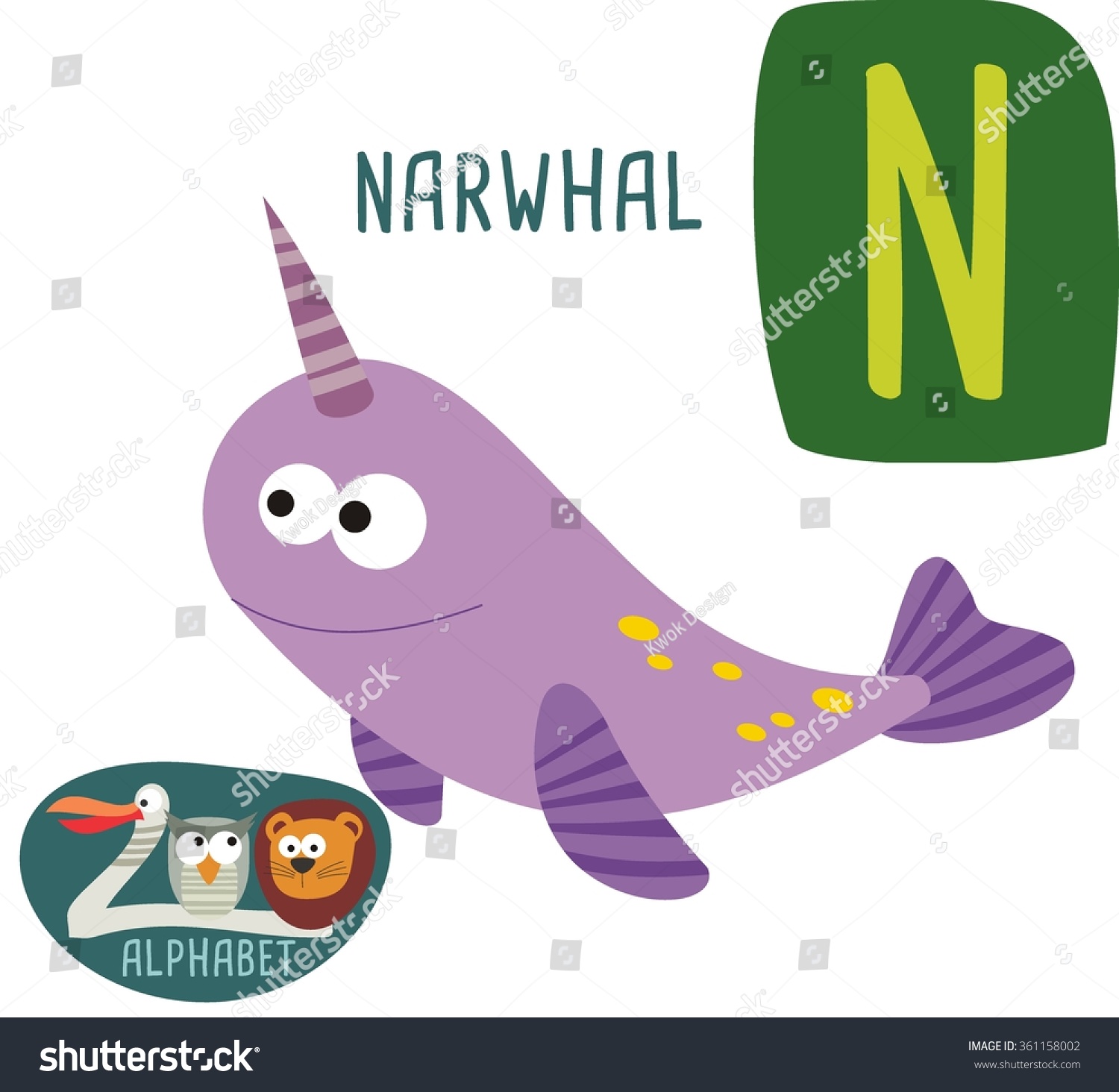 Cute Zoo Alphabet In Vector. N Letter For Narwhal Funny Cartoon Animals ...