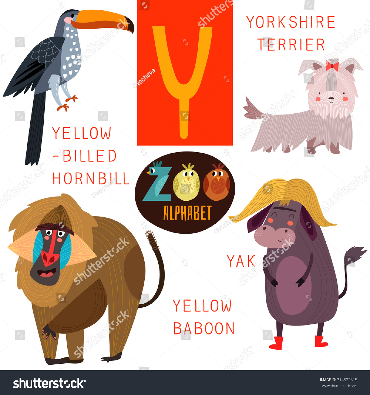 Cute Zoo Alphabet In Vector.Y Letter. Funny Cartoon Animals:Yellow ...