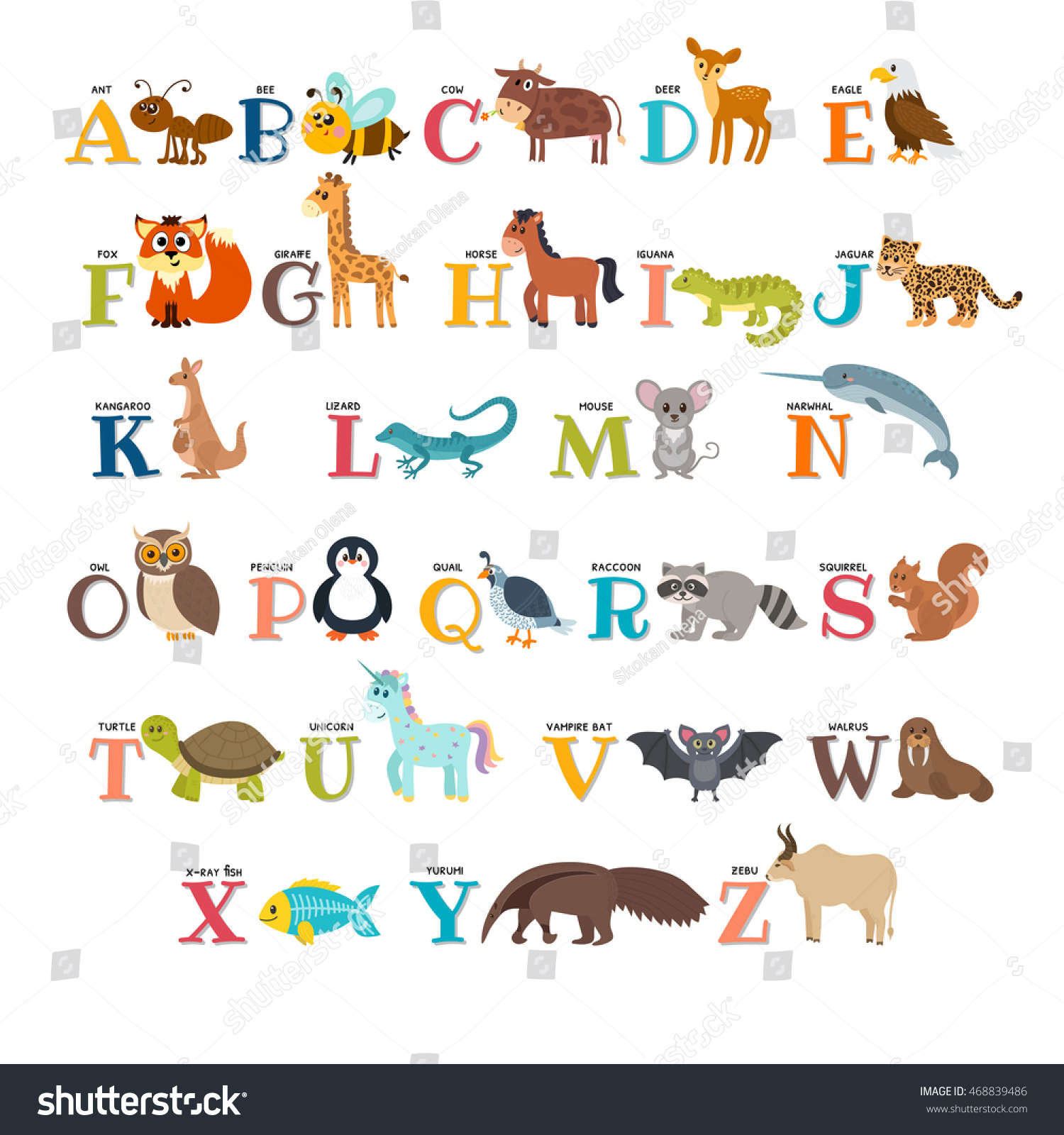 Cute Zoo Alphabet With Animals In Cartoon Style. Vector Illustration ...